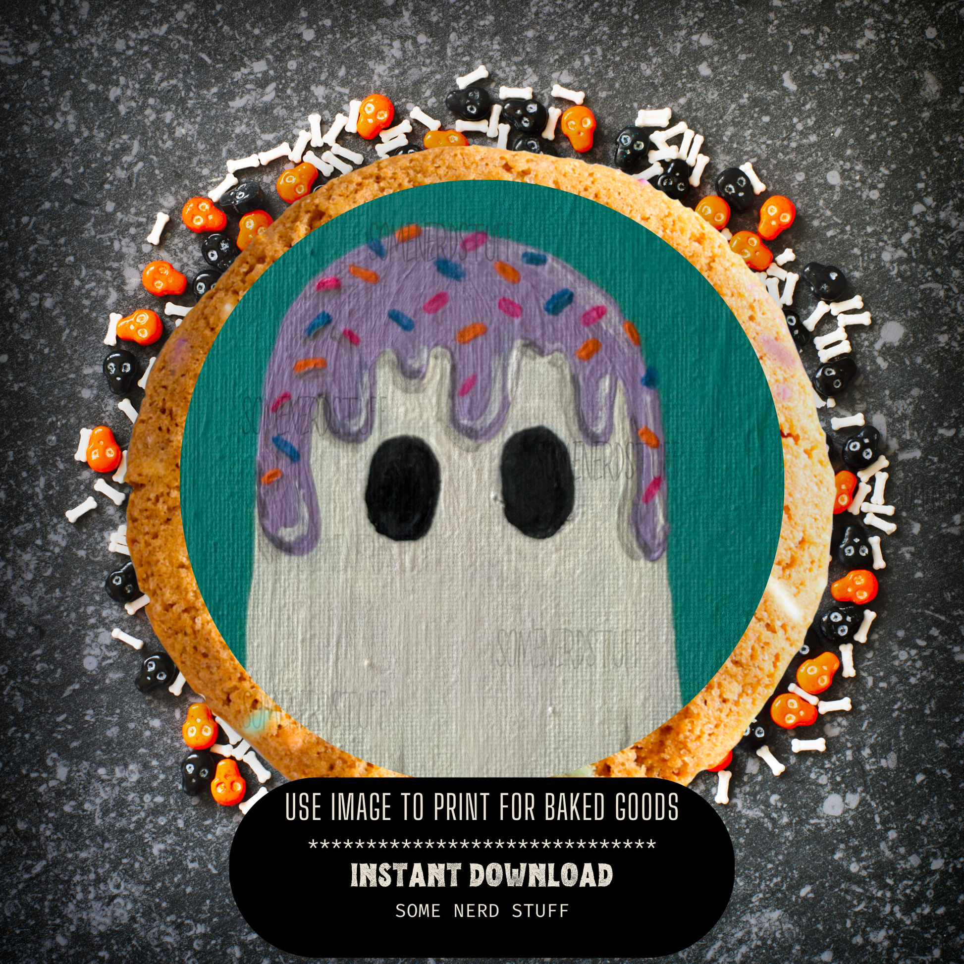 Two digital downloads in one product, teal and purple icecream topped ghosts downloads. Example cookie print out not included, no other products are for sale but digital download.