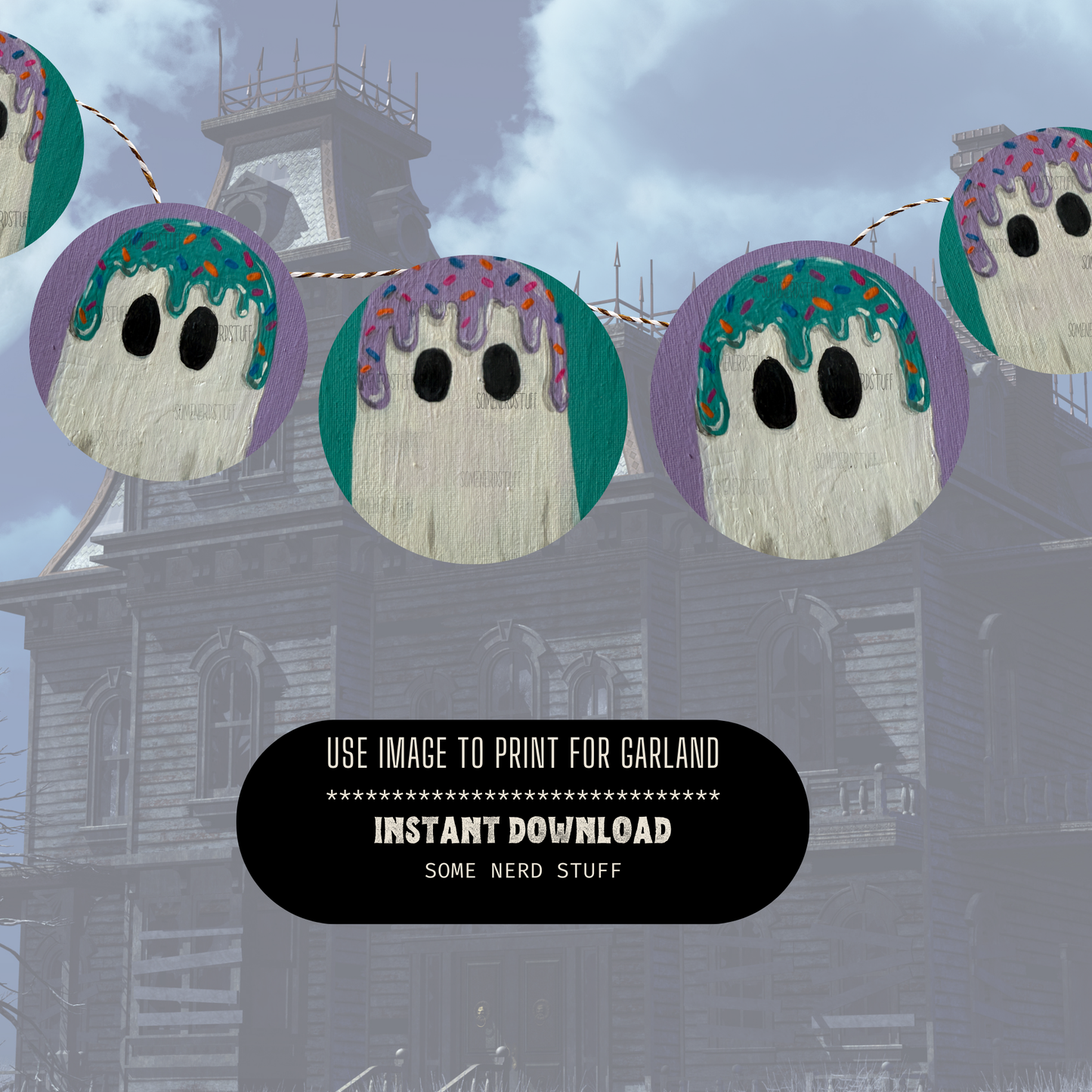 Two digital downloads in one product, teal and purple icecream topped ghosts downloads. Example garland not included in sale, no other products are for sale but digital download.