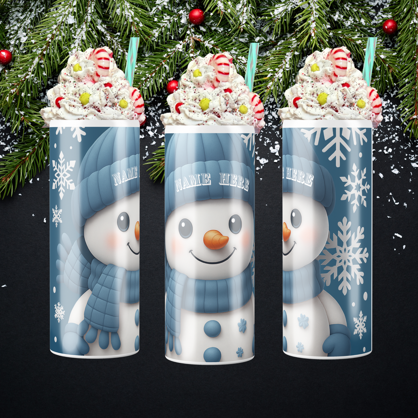 Personalized Snowman with a blue beanie and blue scarf winter tumbler, on a blue background and snowflakes sold by Some Nerd Stuff showing each side of the design.