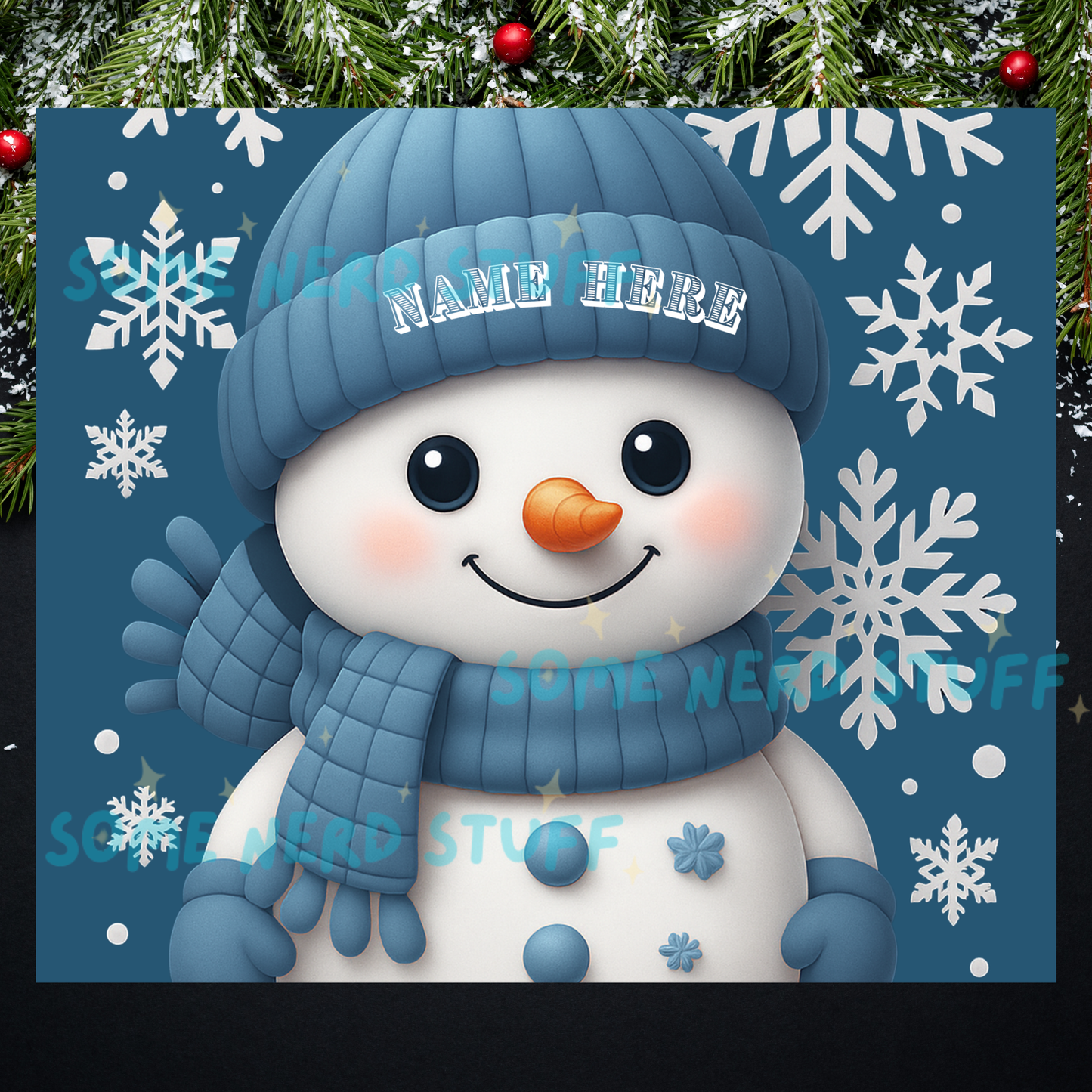 Personalized Snowman with a blue beanie and blue scarf, on a blue background and snowflakes sold by Some Nerd Stuff.