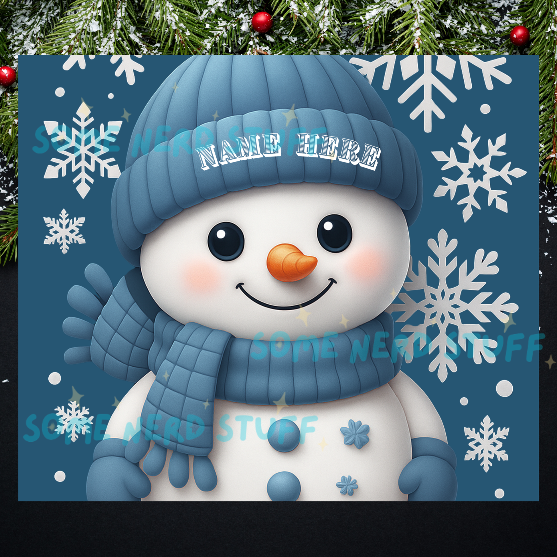 Personalized Snowman with a blue beanie and blue scarf, on a blue background and snowflakes sold by Some Nerd Stuff.