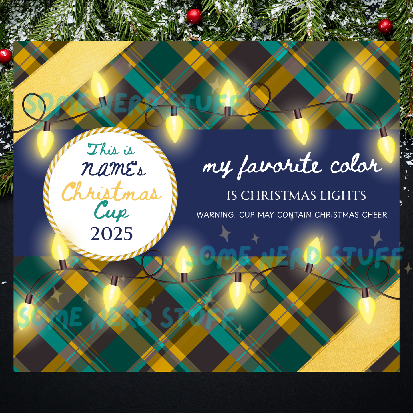 Personalized Christmas cup design with plaid pattern and Christmas lights, featuring text about favorite color and Christmas cheer sold by SomeNerdStuff,