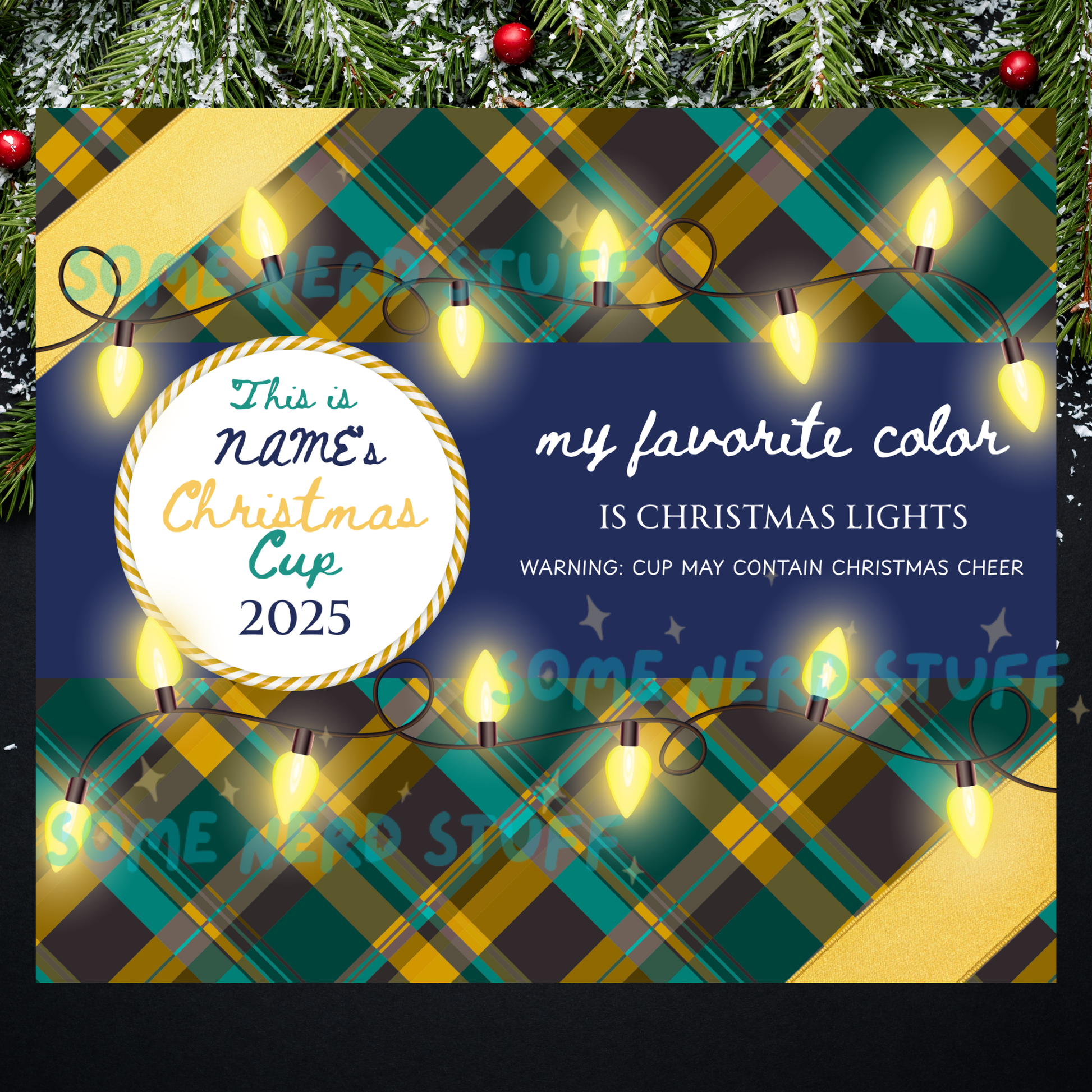 Personalized Christmas cup design with plaid pattern and Christmas lights, featuring text about favorite color and Christmas cheer sold by SomeNerdStuff,