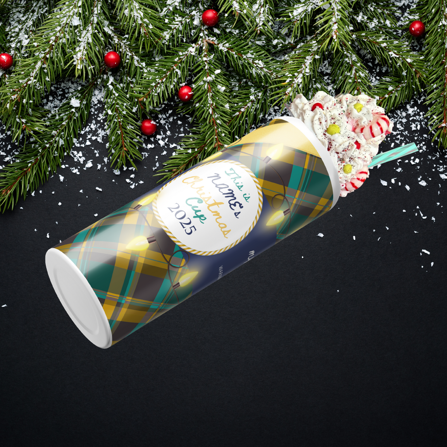 Personalized Christmas cup design with plaid pattern and Christmas lights, featuring text about favorite color and Christmas cheer sold by SomeNerdStuff