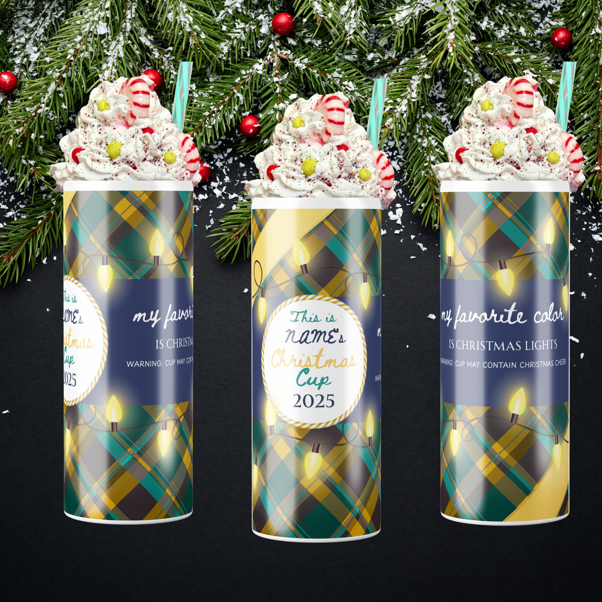 Personalized Christmas cup design with plaid pattern and Christmas lights, featuring text about favorite color and Christmas cheer sold by SomeNerdStuff showing each side of the design.