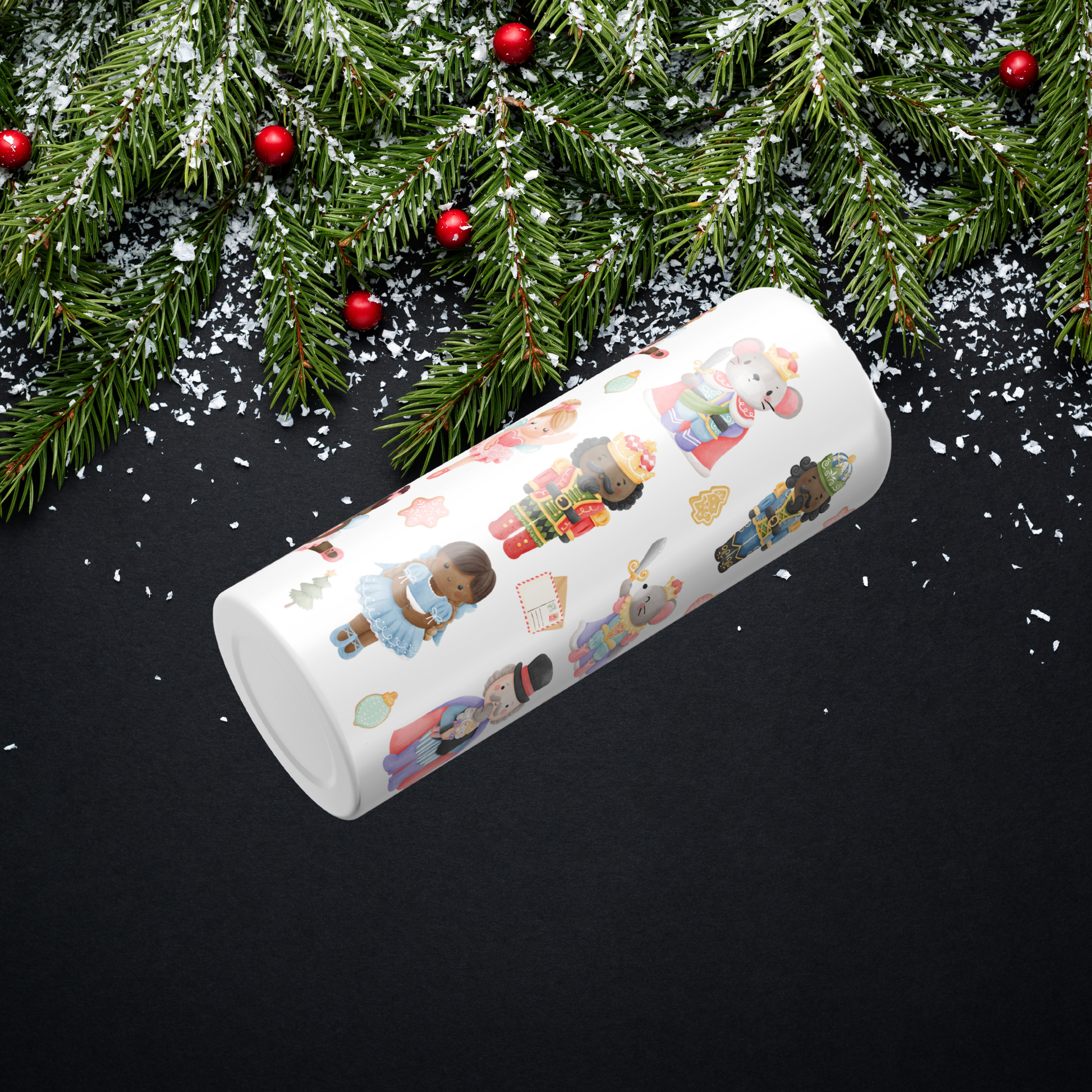 Personalized nutcracker ballet inspired characters with small items from the ballet on a tumbler cup sold by SomeNerdStuff.