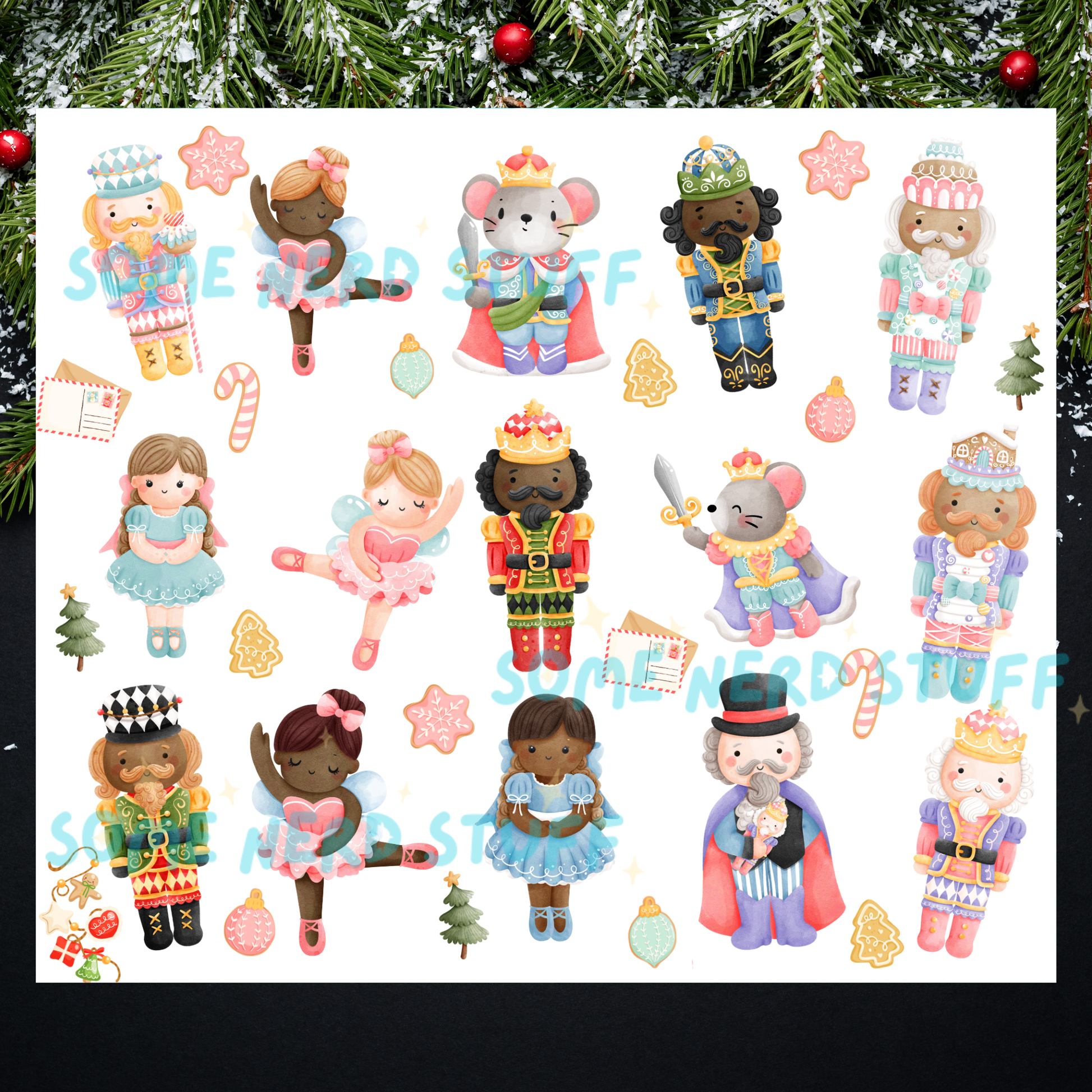 Personalized nutcracker ballet inspired characters, Nutchracker, christmas cookies, and dun characters surrounded with small items from the ballet on a tumbler cup sold by SomeNerdStuff.