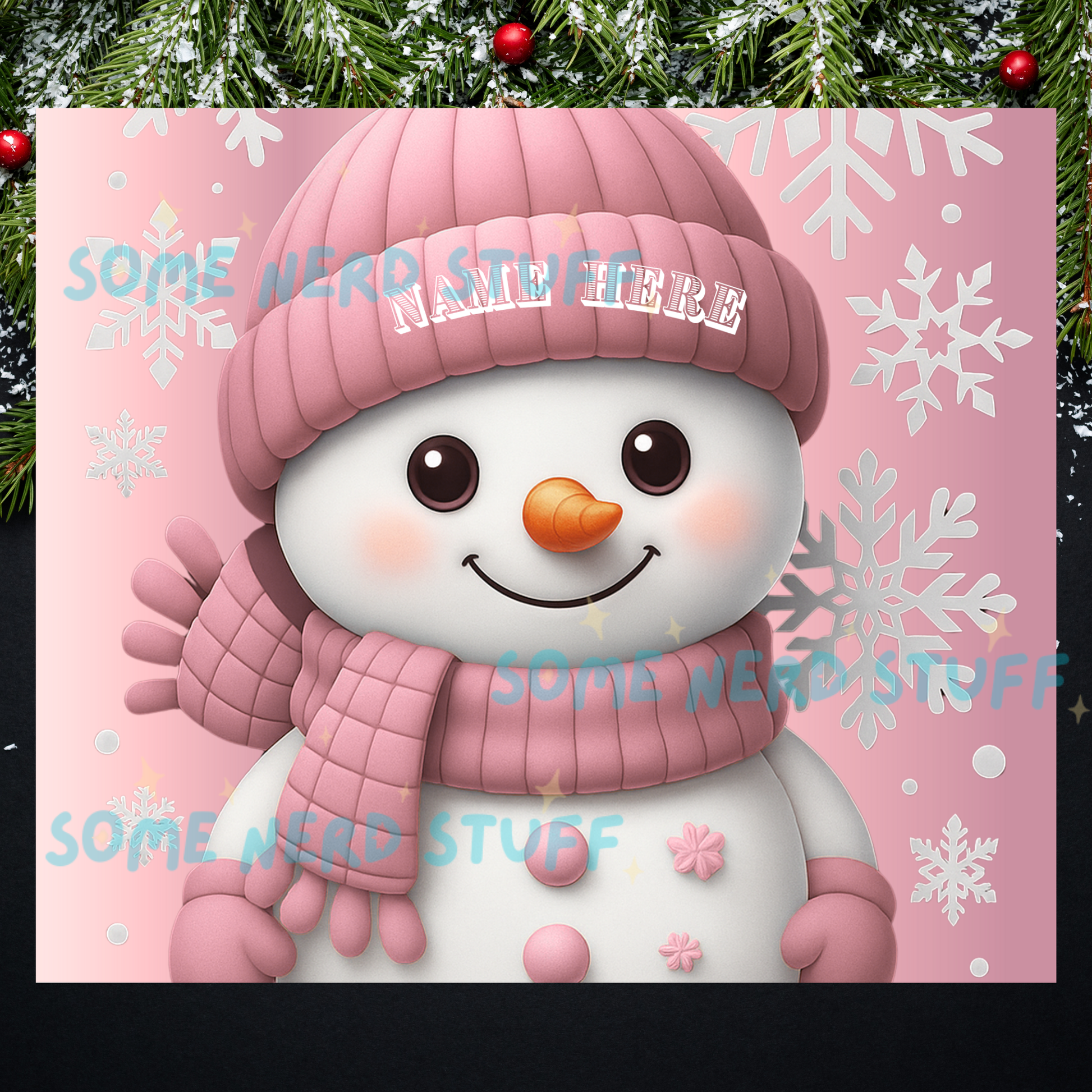 One pink snowman-themed tumbler with whipped cream, candy canes, and snowflakes on a pink background. sold by somenerdstuff
