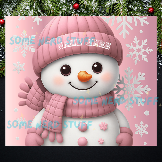 One pink snowman-themed tumbler with whipped cream, candy canes, and snowflakes on a pink background. sold by somenerdstuff