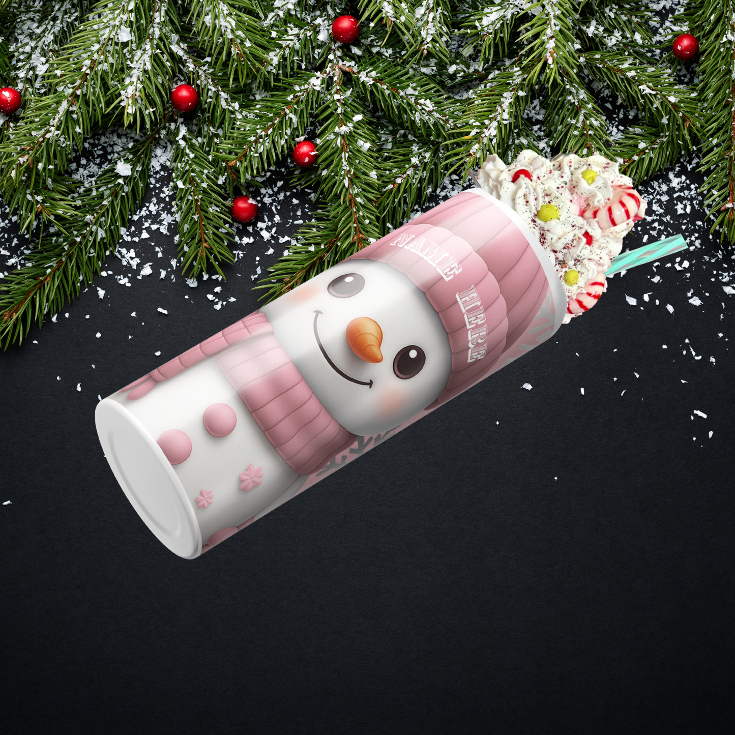 One pink snowman-themed tumbler with whipped cream, candy canes, and snowflakes on a pink background. sold by somenerdstuff