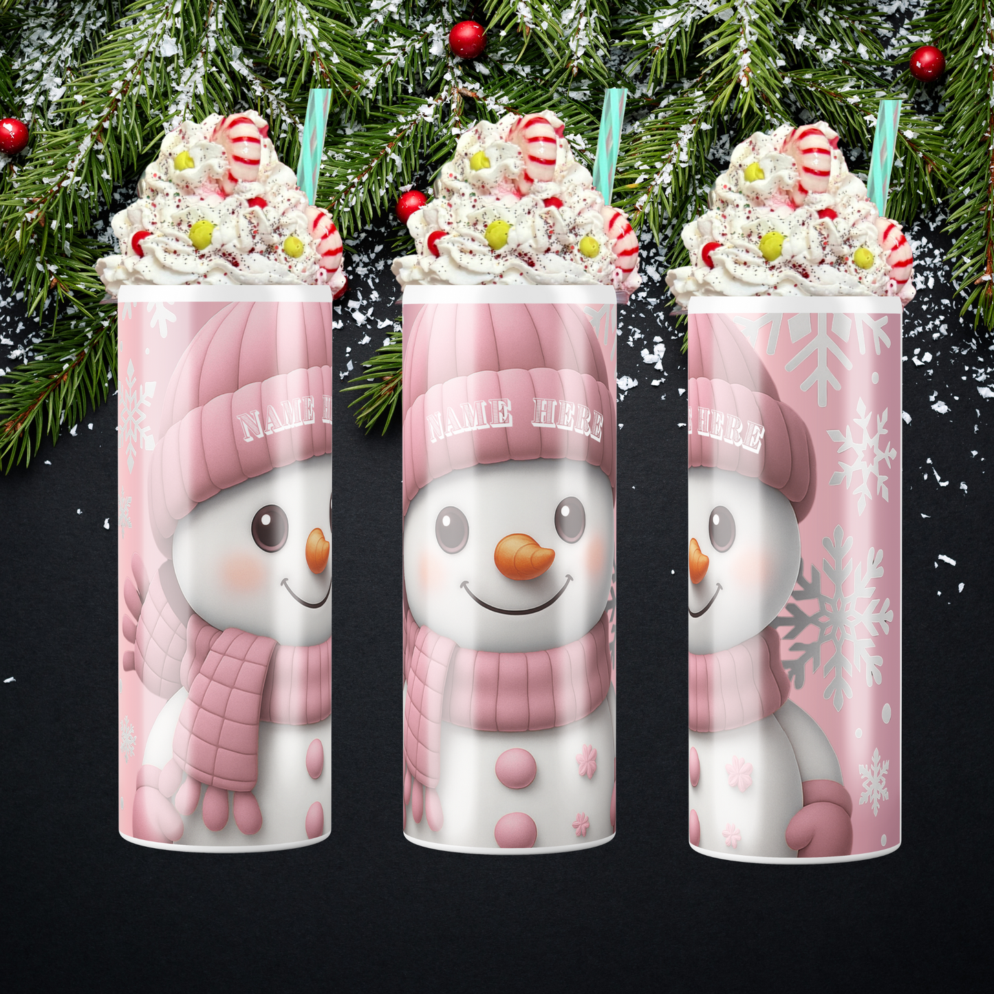 One pink snowman-themed tumbler with whipped cream, candy canes, and snowflakes on a pink and snowflake background. sold by somenerdstuff
