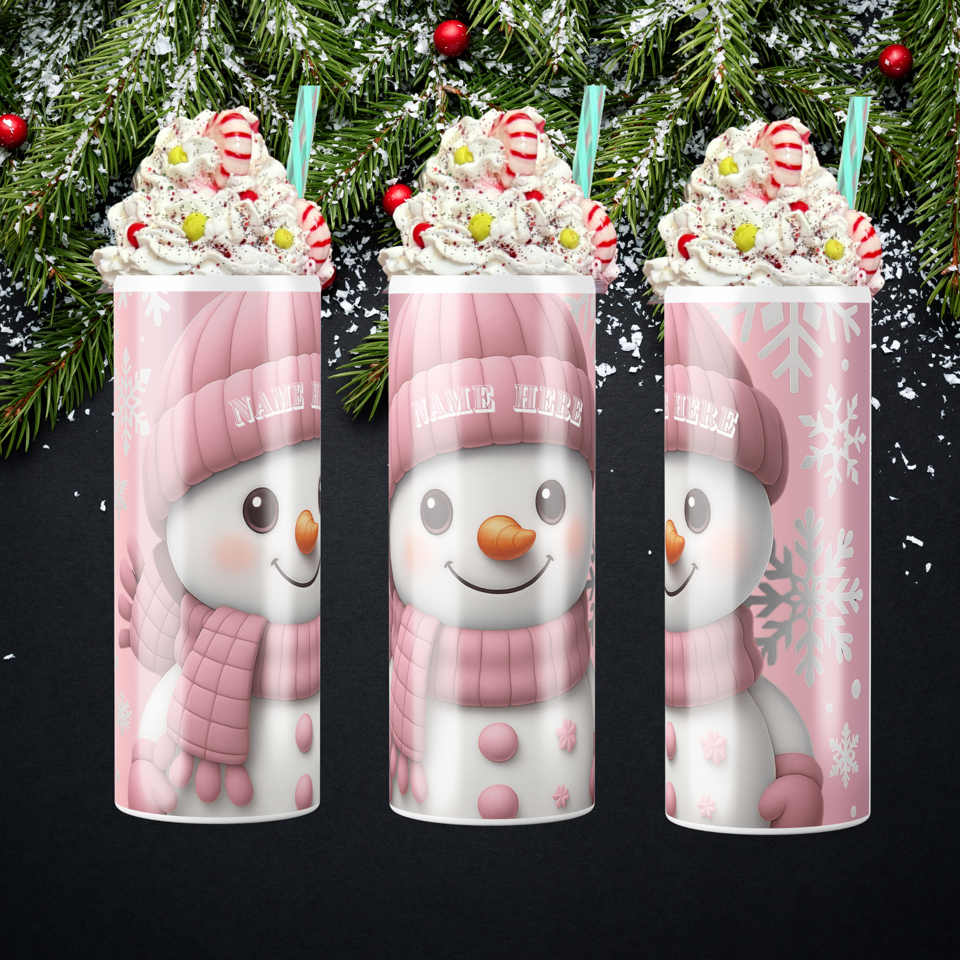 One pink snowman-themed tumbler with whipped cream, candy canes, and snowflakes on a pink and snowflake background. sold by somenerdstuff