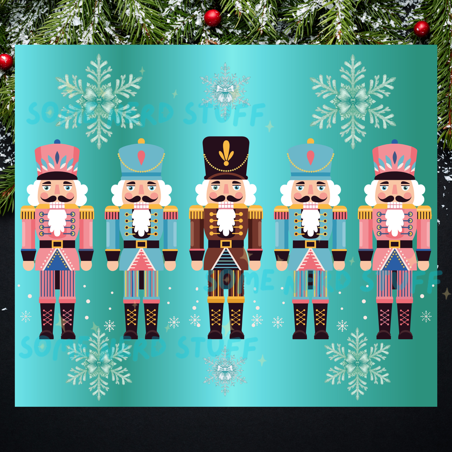 Colorful nutcracker background to be custom ordered with a teal background with snowflakes for a tumbler
