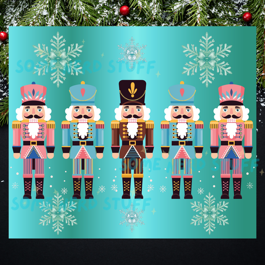 Colorful nutcracker background to be custom ordered with a teal background with snowflakes for a tumbler