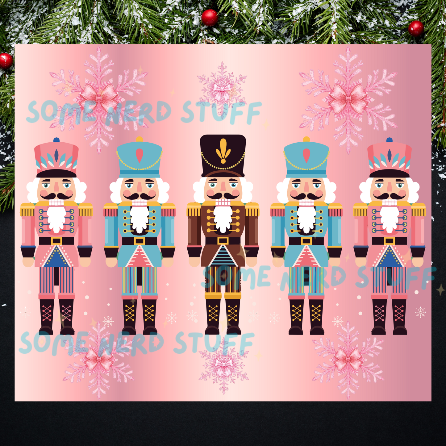 Illustrations of nutcrackers on a pink background with snowflakes  to be ordered for a 20oz cup from SomeNerdStuff.