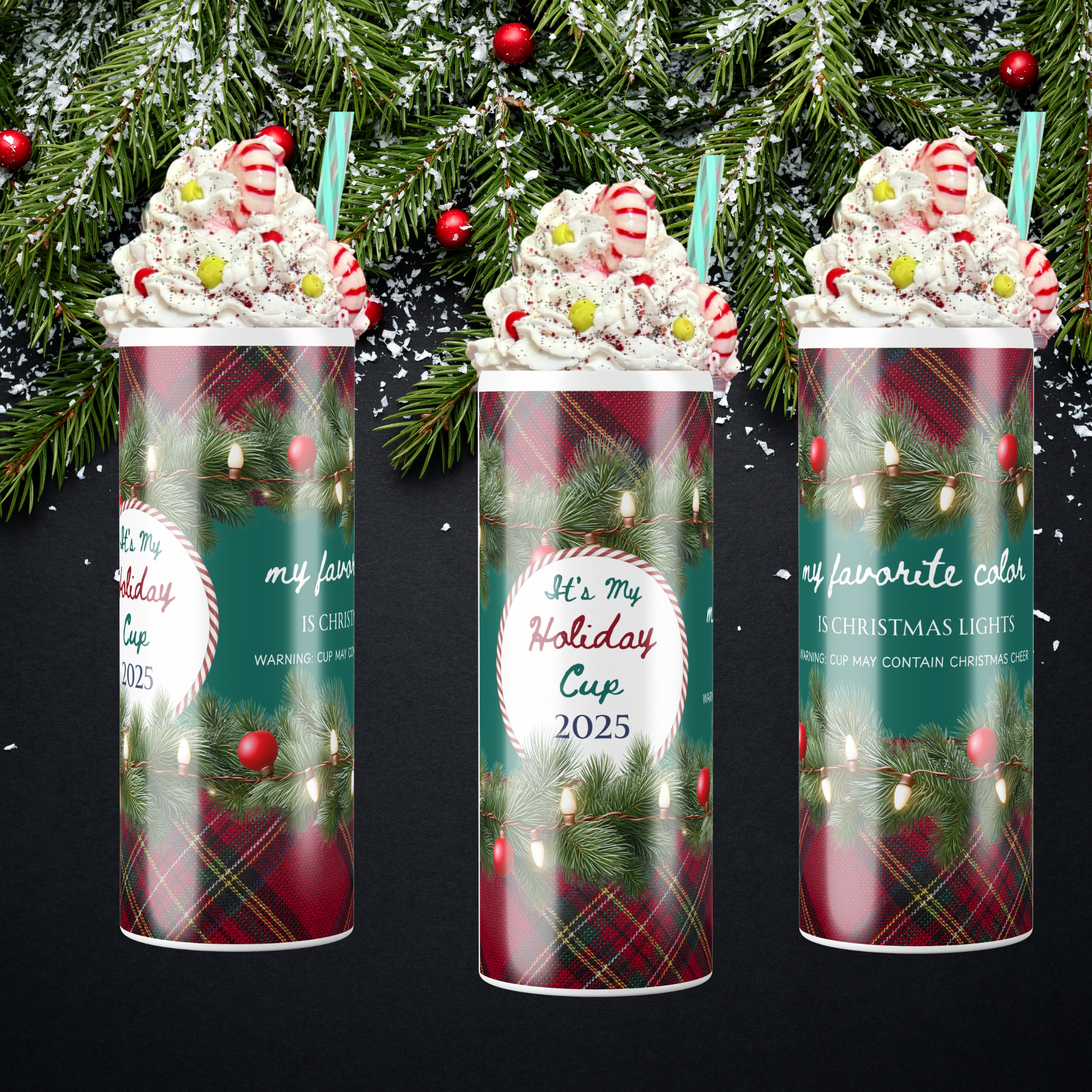 Decorative holiday tumbler design, showing each side, decorated with Christmas lights, ornaments, and text sold by SomeNerdStuff