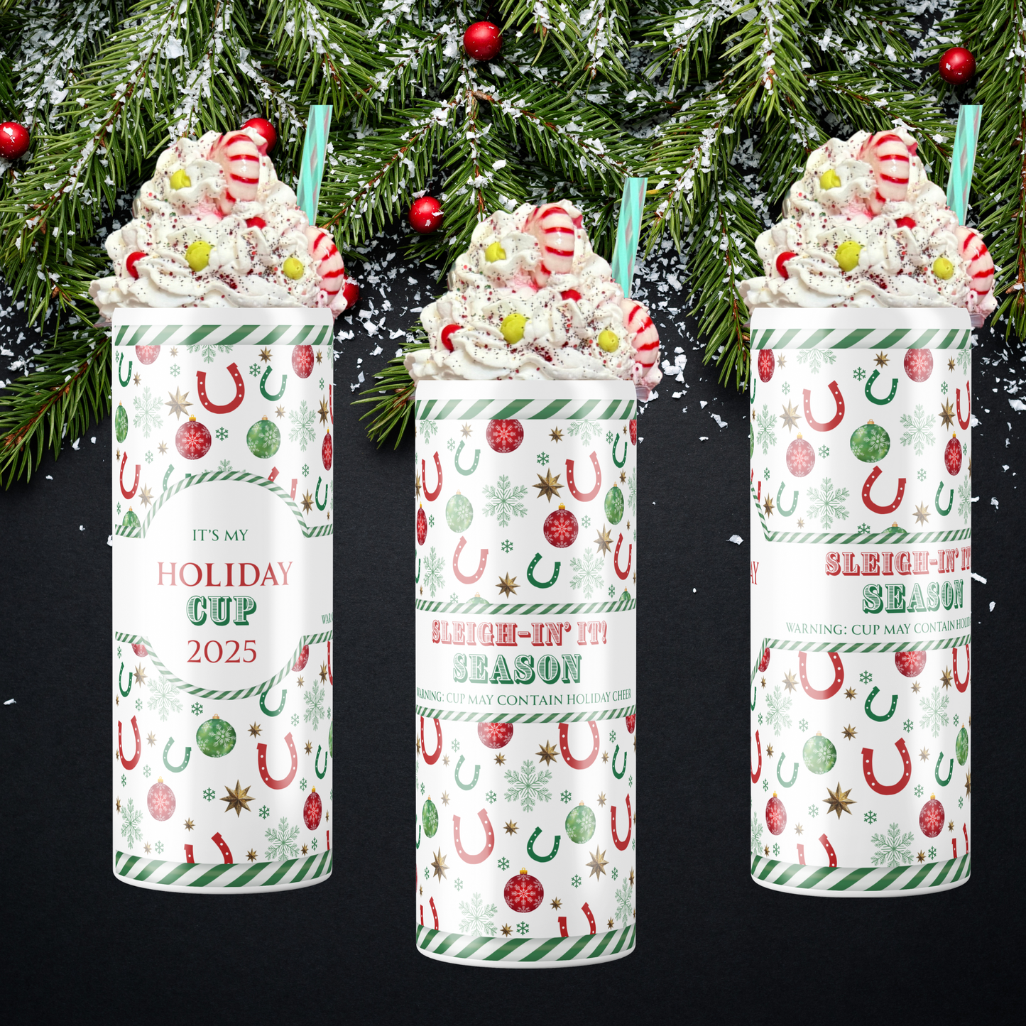 A festive holiday-themed tumbler, each side, Text on top ofh a western backroung, text, and a faux whipped cream candy topper on a black background with Christmas tree. 