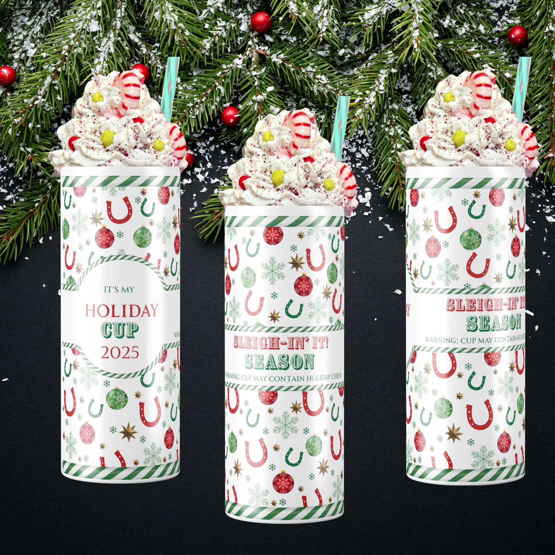 A festive holiday-themed tumbler, each side, Text on top ofh a western backroung, text, and a faux whipped cream candy topper on a black background with Christmas tree. 