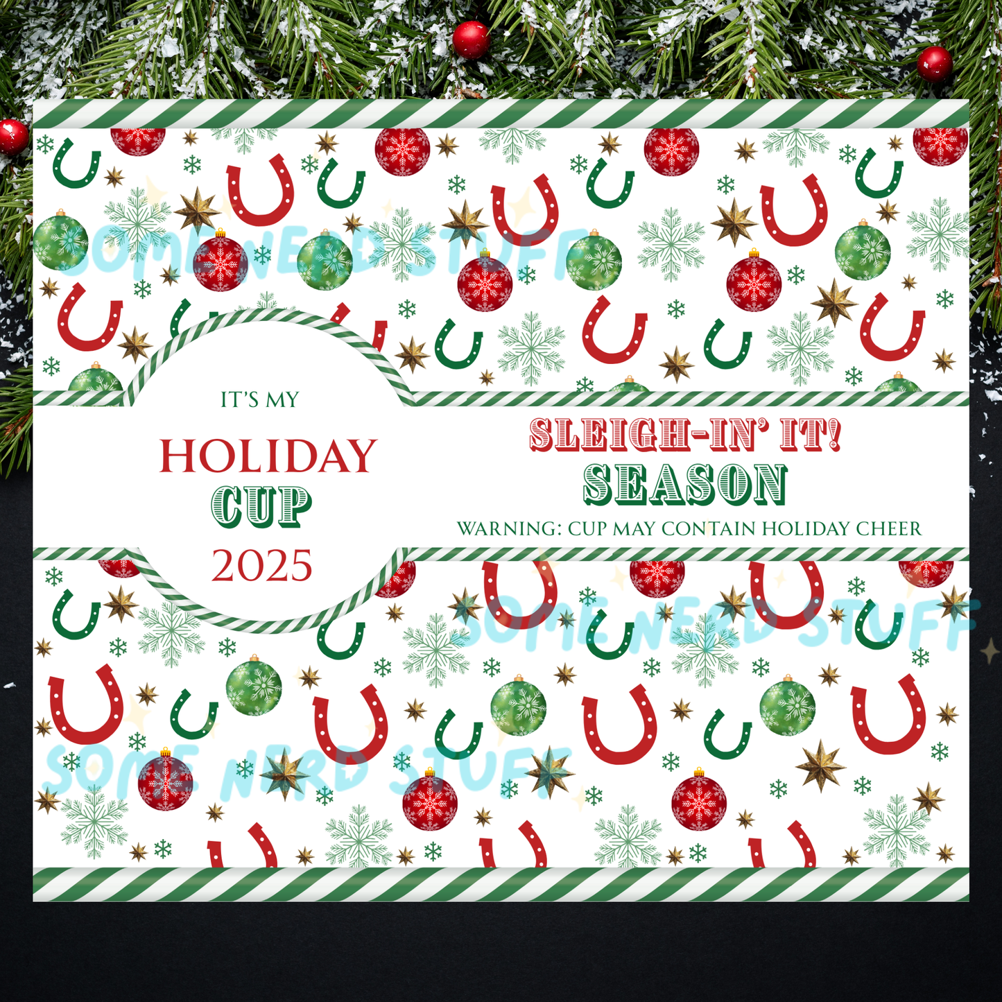 A festive holiday-themed tumbler, each side, Text on top ofh a western backroung, text, and a faux whipped cream candy topper on a black background with Christmas tree. 