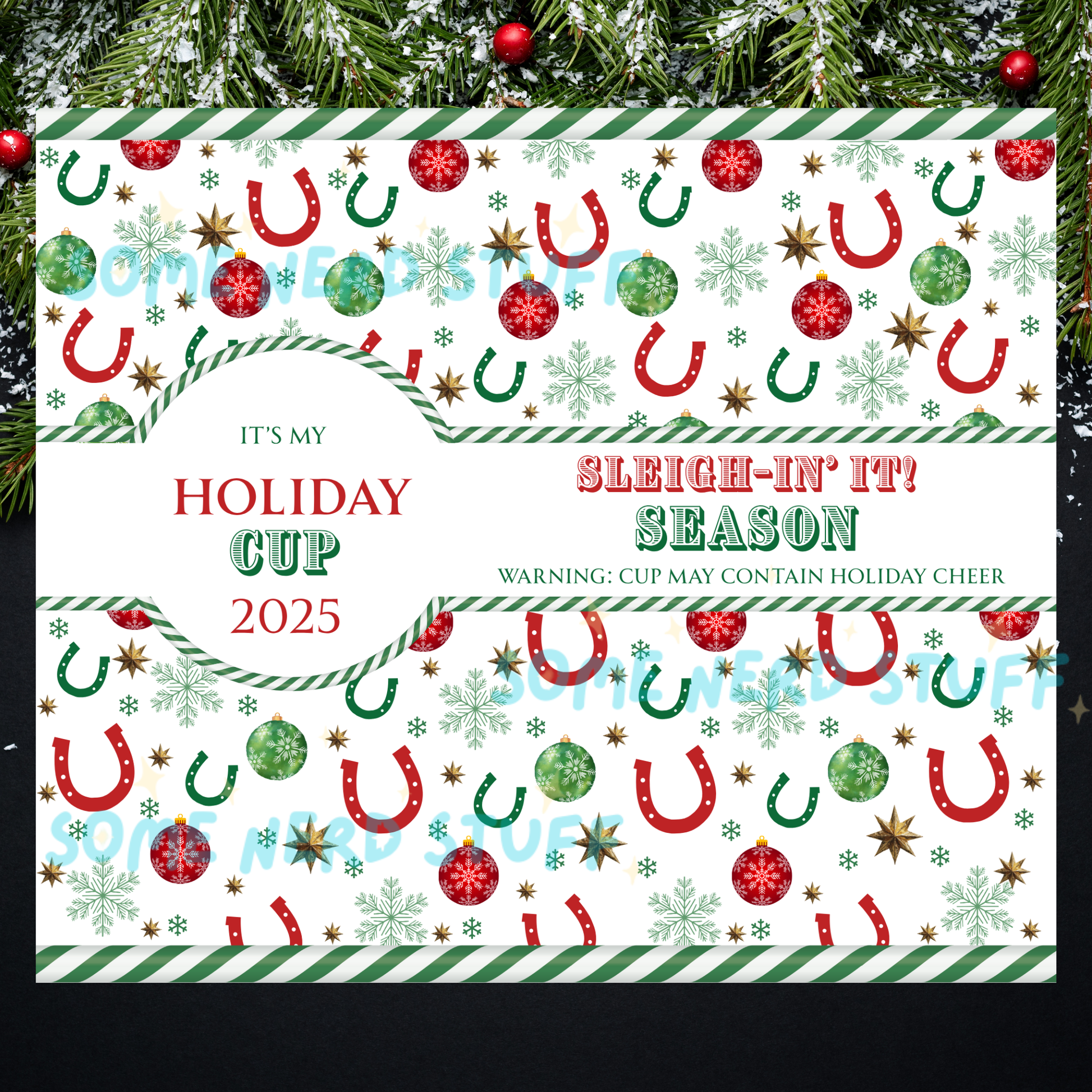 A festive holiday-themed tumbler, each side, Text on top ofh a western backroung, text, and a faux whipped cream candy topper on a black background with Christmas tree. 