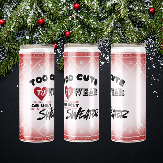 Each side of one tumbler, with decorative reindeer ugly sweater background, sold by SomeNerdStuff.