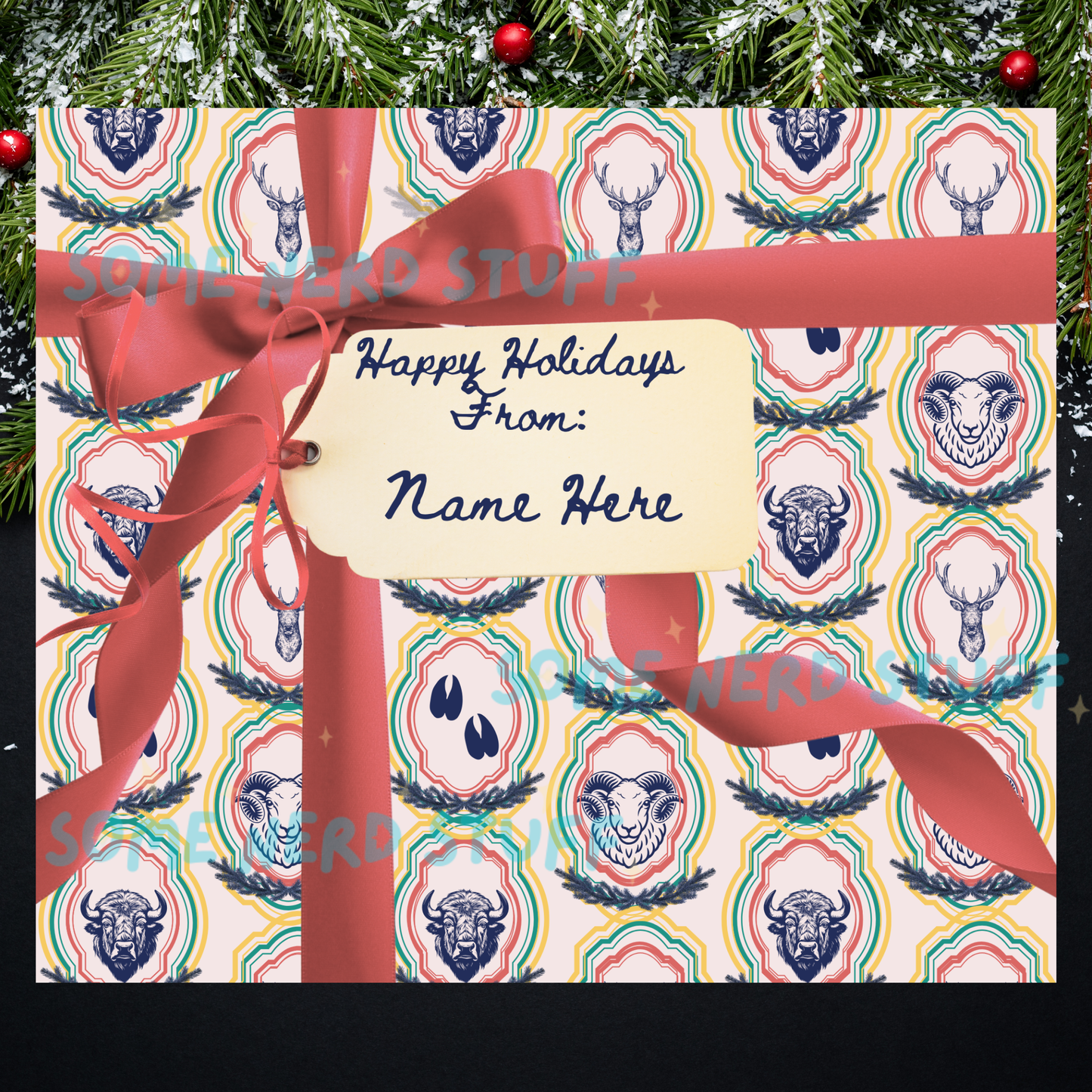 Animals in a gift wrapping patter that is created to be on a 20oz tumbler sold by SomeNerdStuff