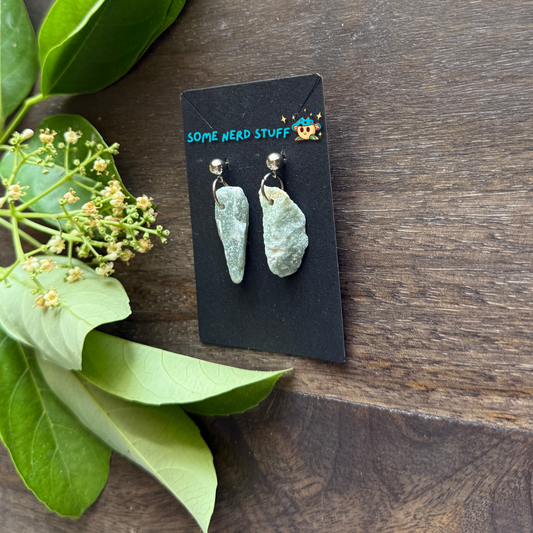Rough Aquarmine Gemstone Dangling Earrings created by SomeNerdStuff pictured slight angle