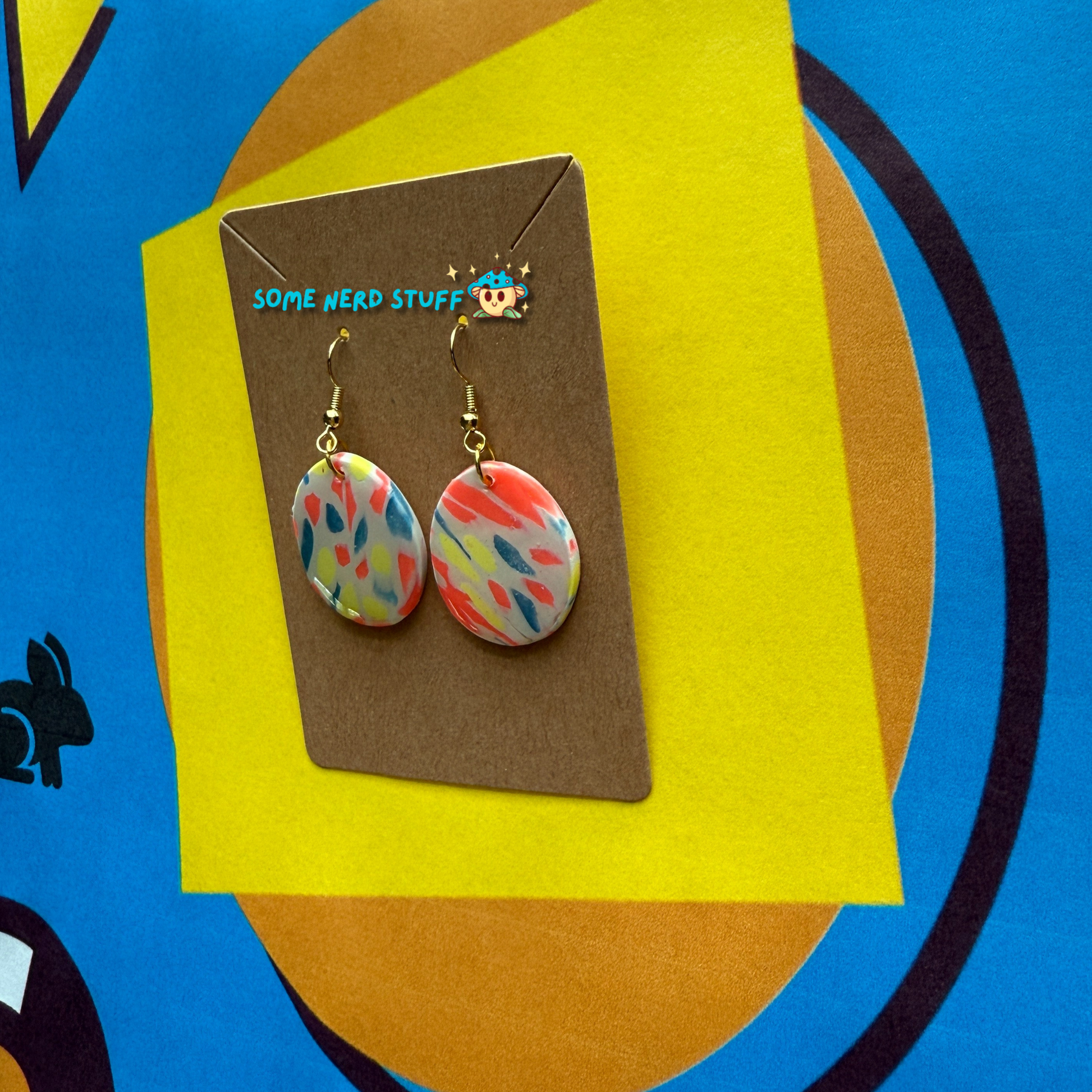 Elliptical Polymer Clay Earrings inspired by Saved by the Bell 90s show multicolor side view made by SomenerdStuff
