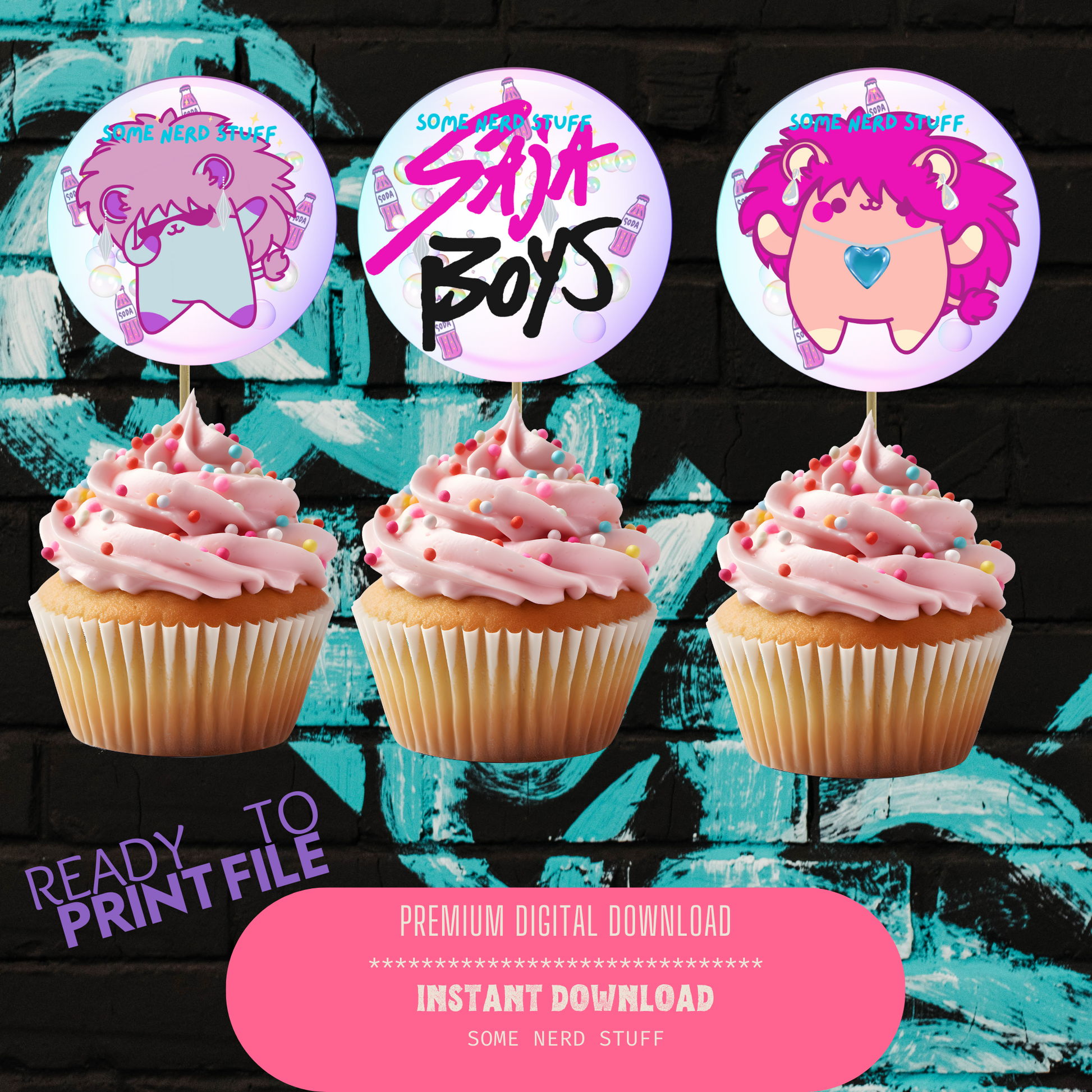 3" round digital kpop demon hunters cupcake or sticker printable - Romancy, Mystery, Pink and Black Logo