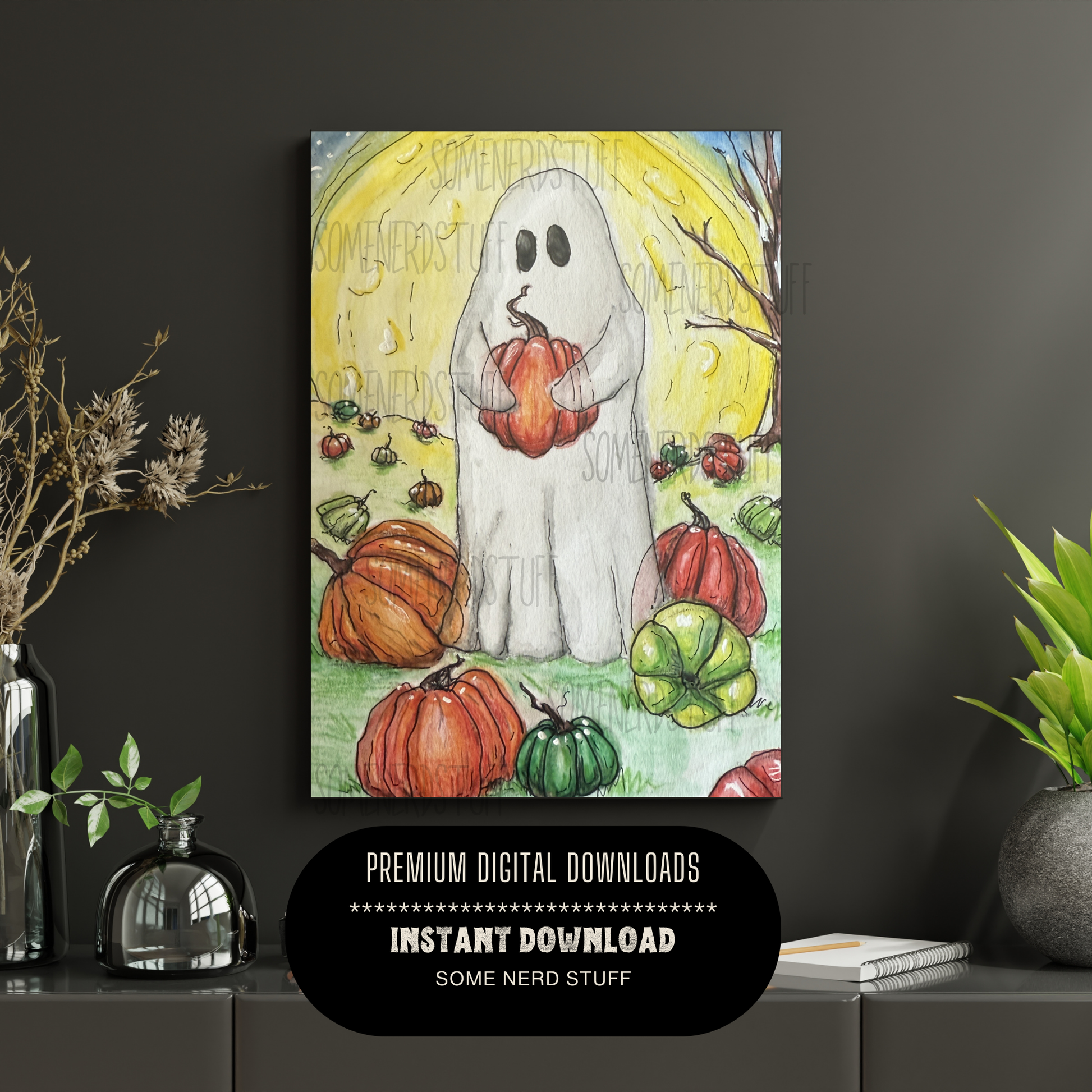 ghost on a hill with pumpkins hand-drawn digital download product. No other items are included shown in example room.