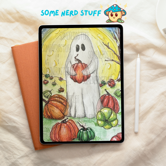 ghost on a hill with pumpkins hand-drawn digital download product. No other items are included in this sale, shown in example ipad as wallpapers.