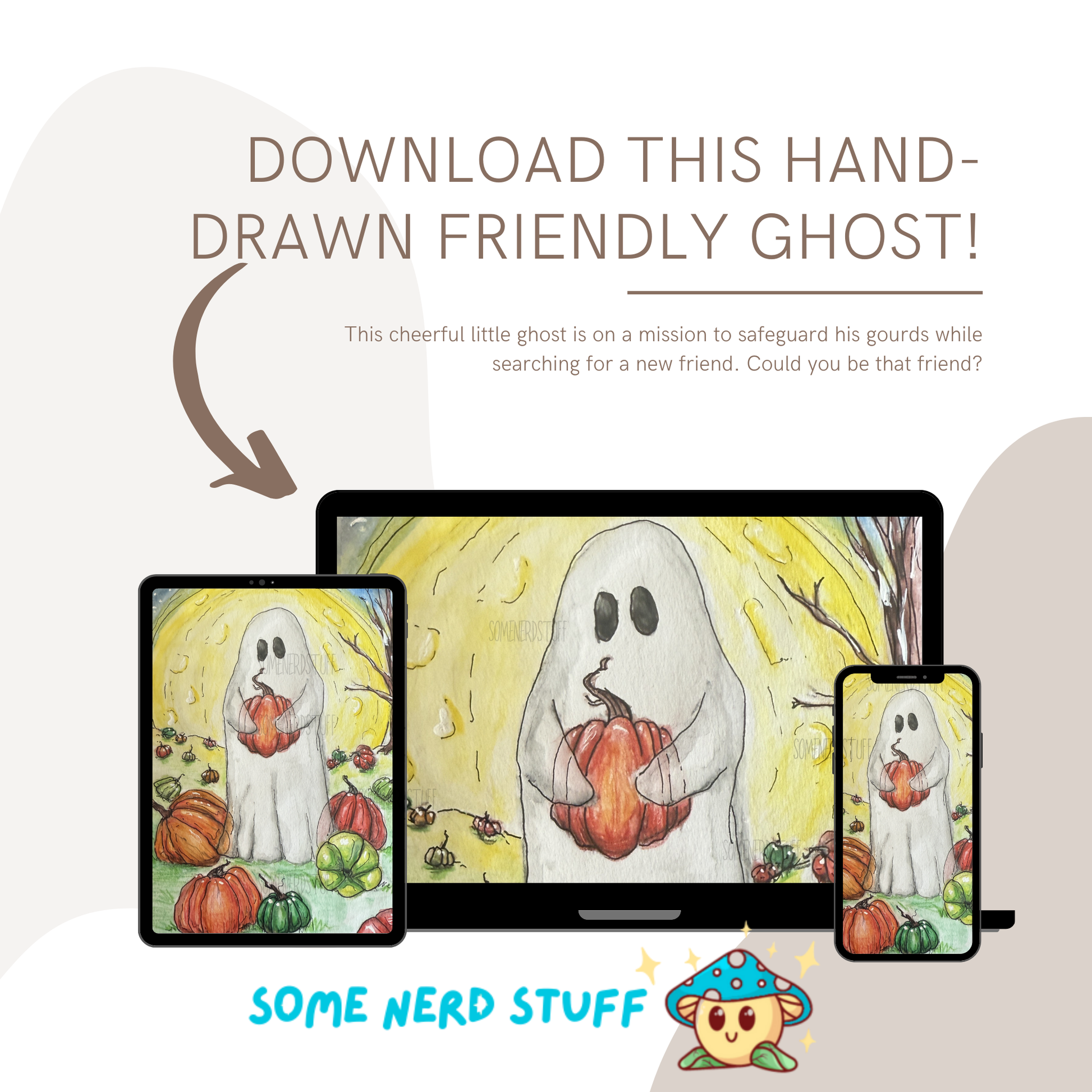 Deadman tree on a hill with pumpkins hand-drawn digital download product. No other items are included in this sale, shown in example ipad, computer, and iphone as wallpapers.