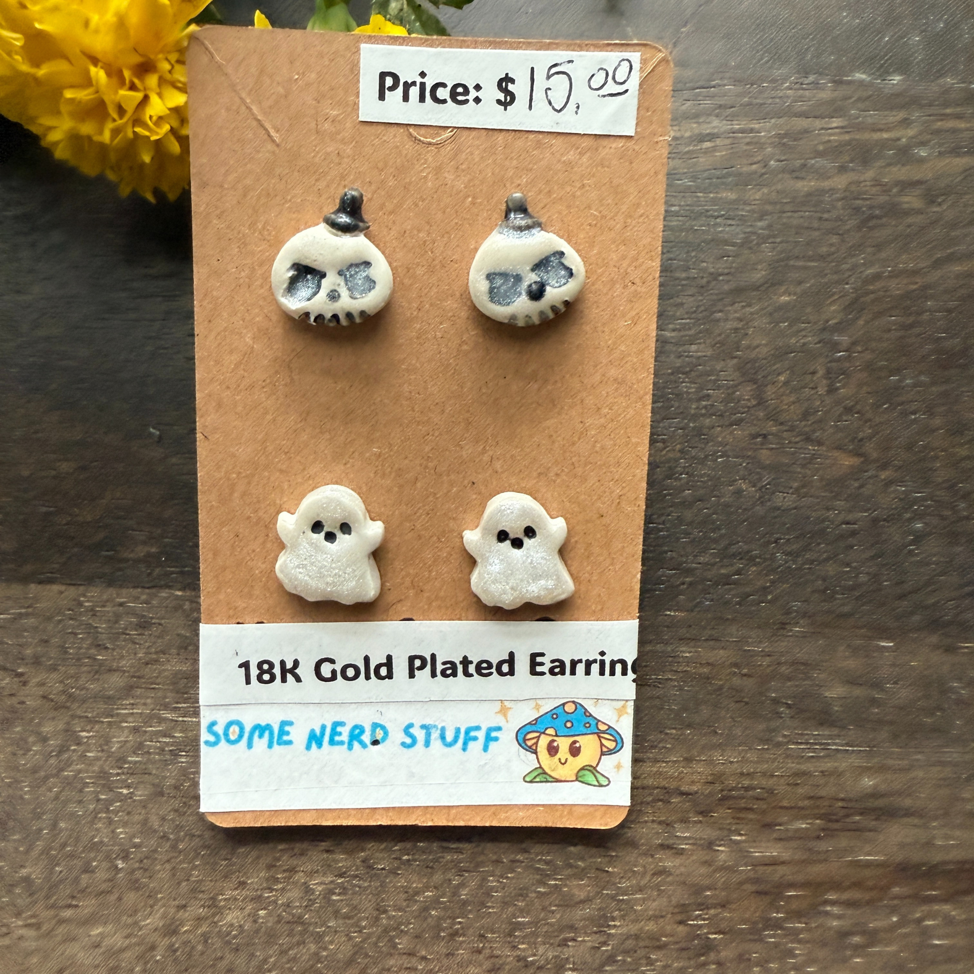 Halloween themed earrings hatbox ghost and happy ghost sold by somenerdstuff online 18k gold plated