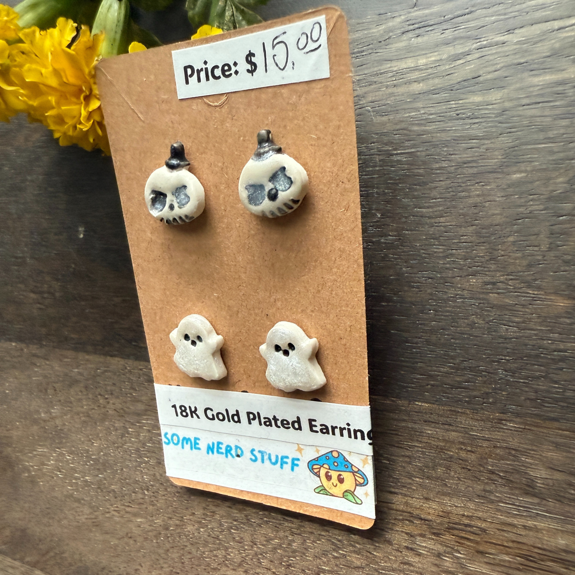 Halloween themed earrings hatbox ghost and happy ghost sold by somenerdstuff online 18k gold plated