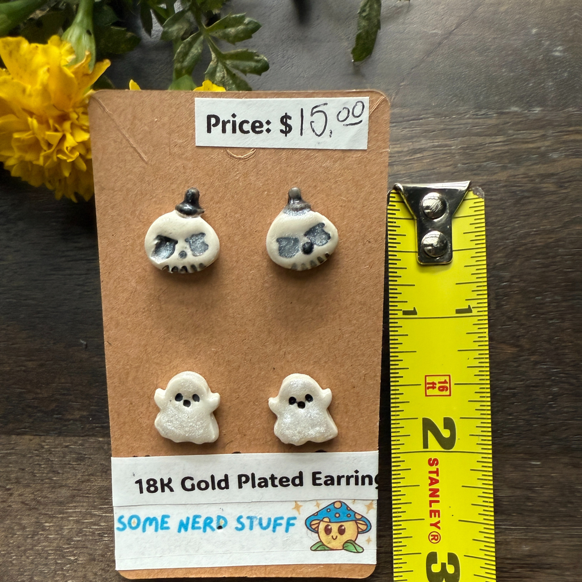 Halloween themed earrings hatbox ghost and happy ghost sold by somenerdstuff online 18k gold plated