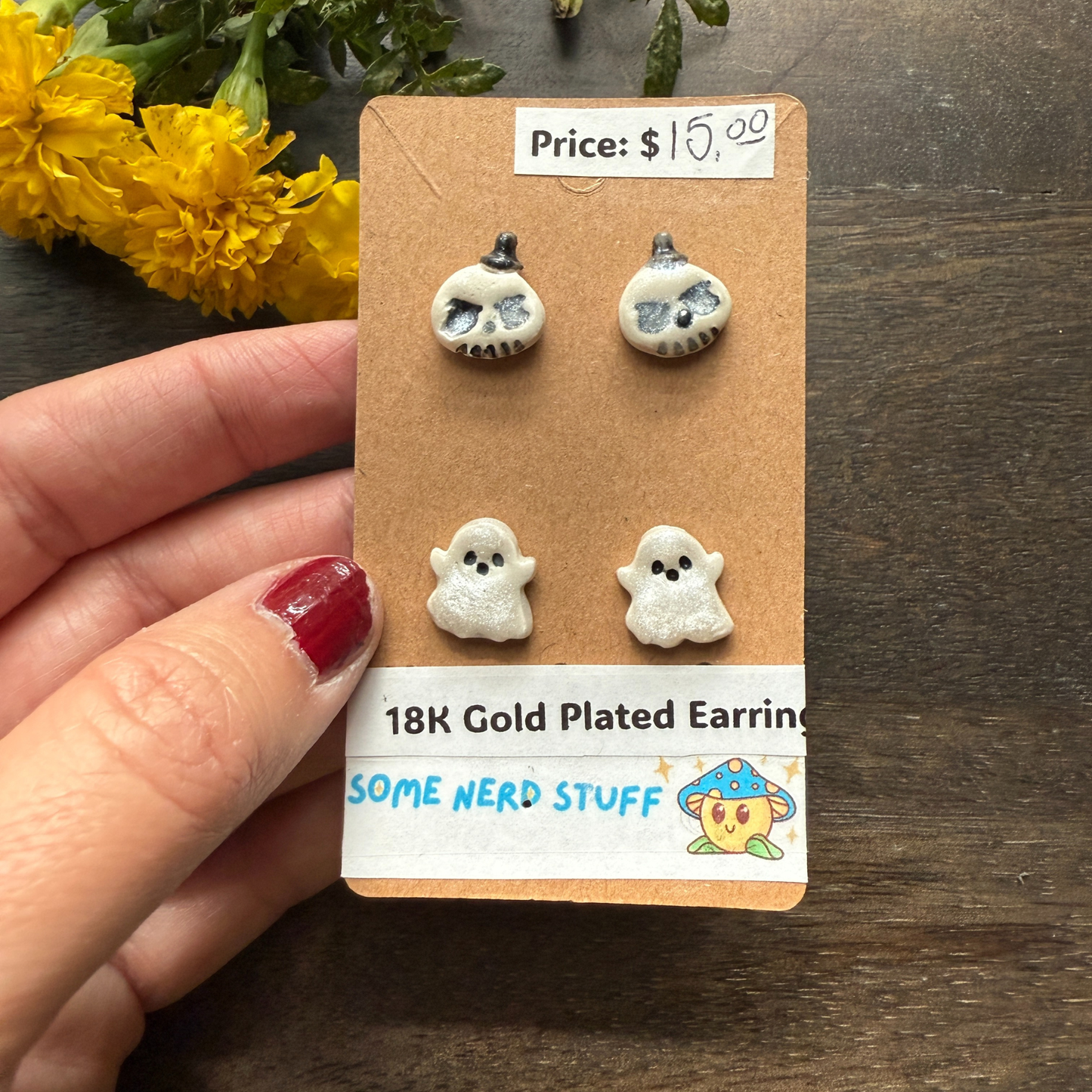 Halloween themed earrings hatbox ghost and happy ghost sold by somenerdstuff online 18k gold plated