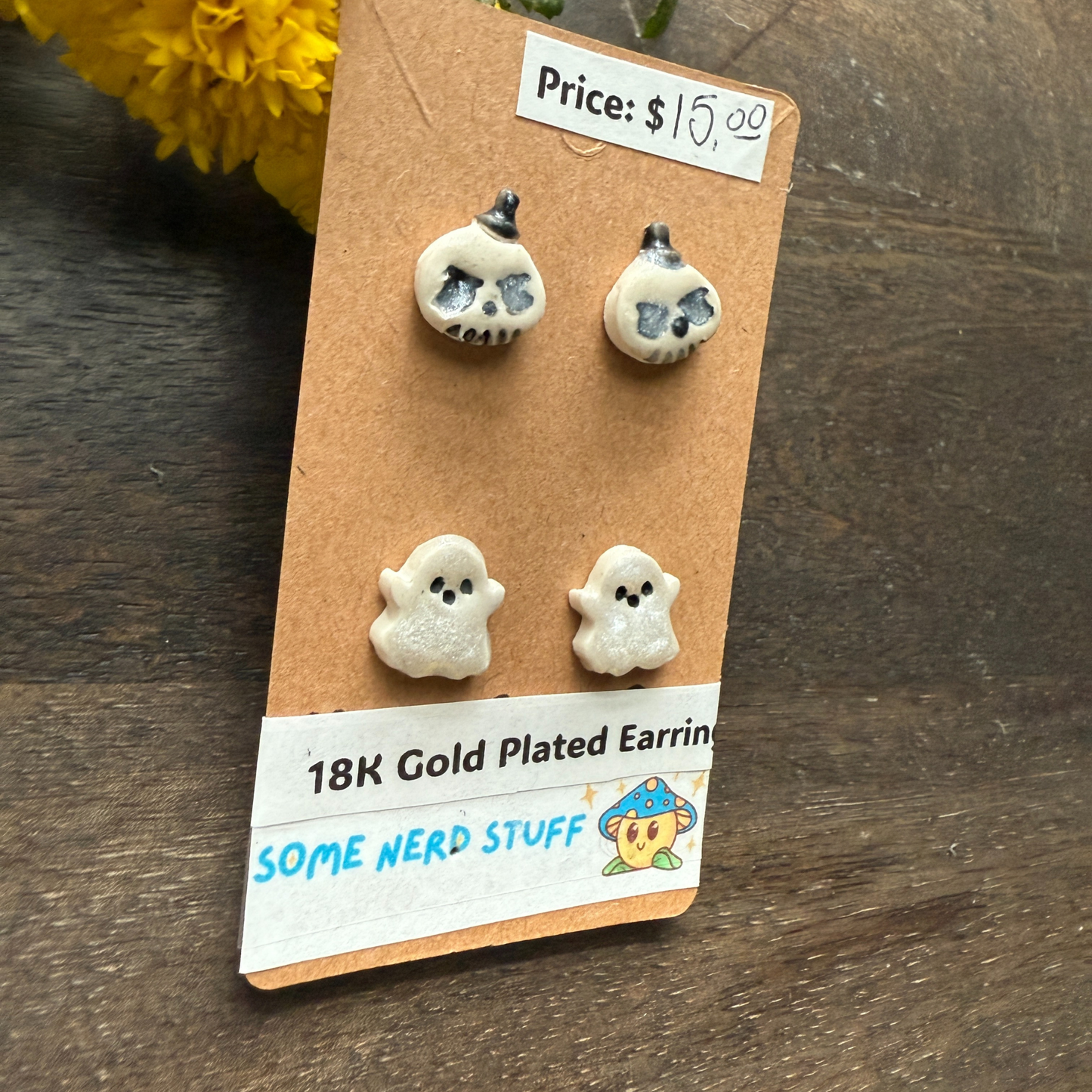 Halloween themed earrings hatbox ghost and happy ghost sold by somenerdstuff online 18k gold plated