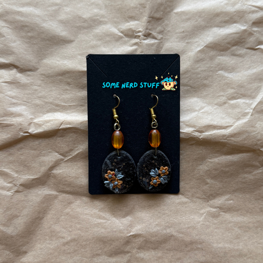 Faux Stone Polymer Clay Earrings with accent flowers and amber beads made by SomeNerdStuff