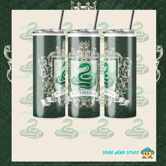 One Slytherin-themed tumbler with serpent design on a decorative scale background surrounded by a house crest