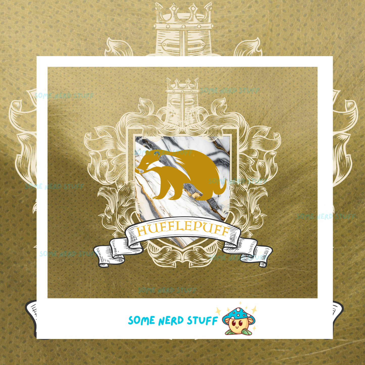 Decorative badger on a fur and golden yellow house crest designed tumbler sold on SomeNerdStuff