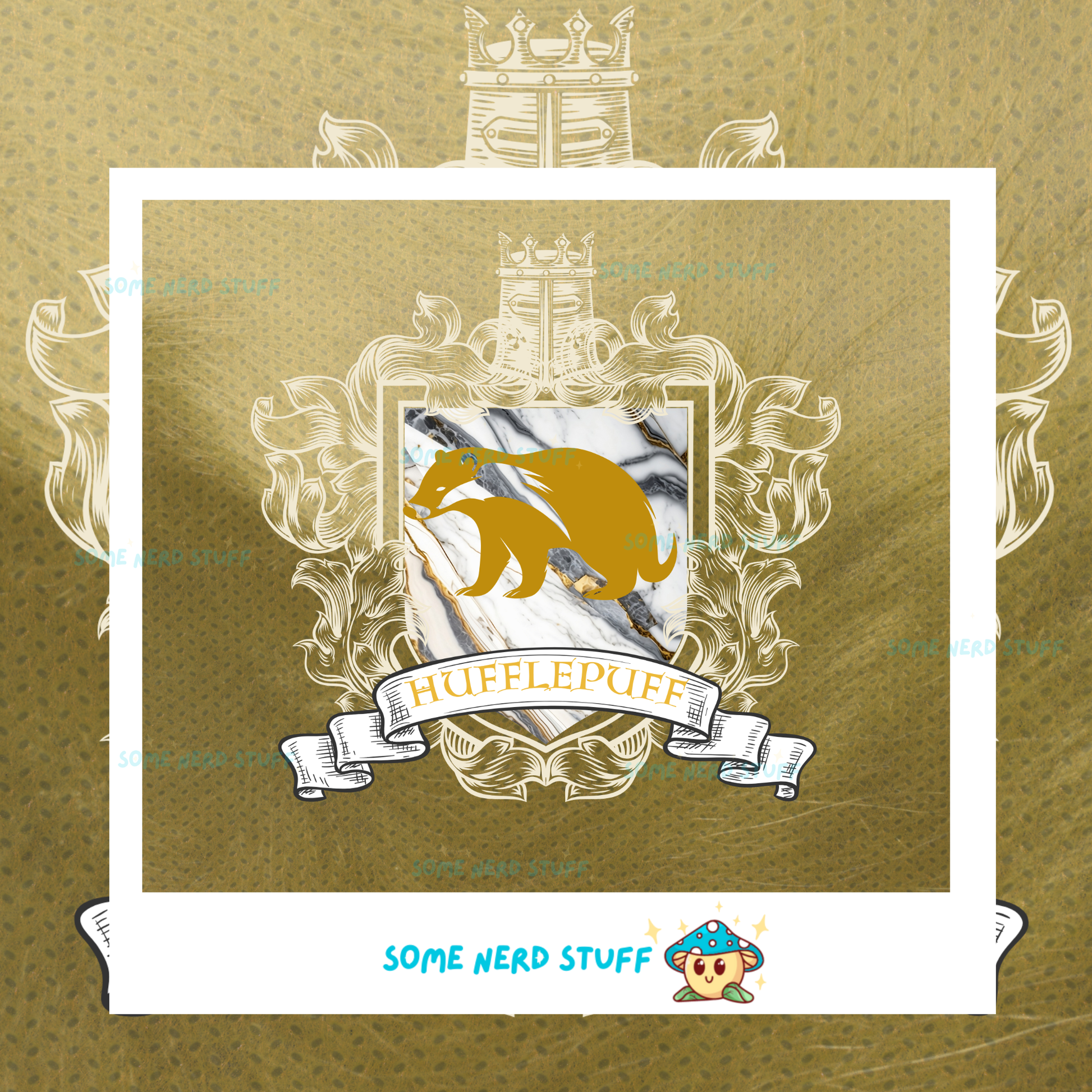 Decorative badger on a fur and golden yellow house crest designed tumbler sold on SomeNerdStuff