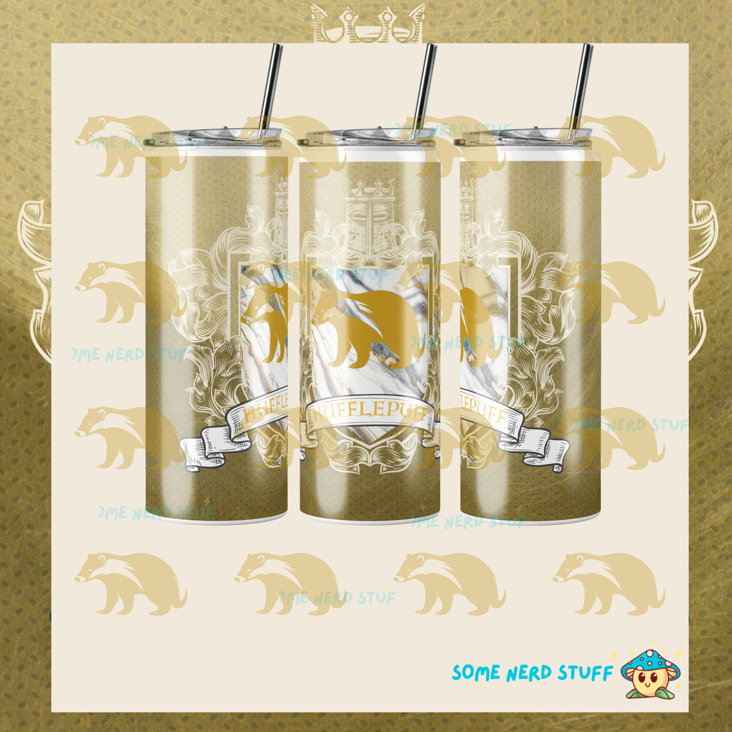 Decorative badger on a fur and golden yellow house crest designed tumbler sold on SomeNerdStuff