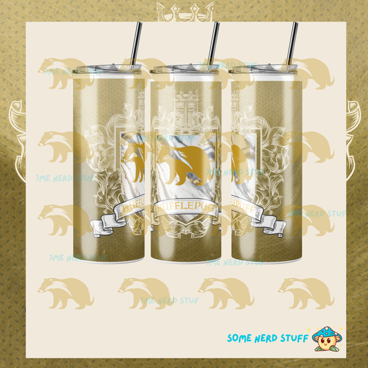 Decorative badger on a fur and golden yellow house crest designed tumbler sold on SomeNerdStuff