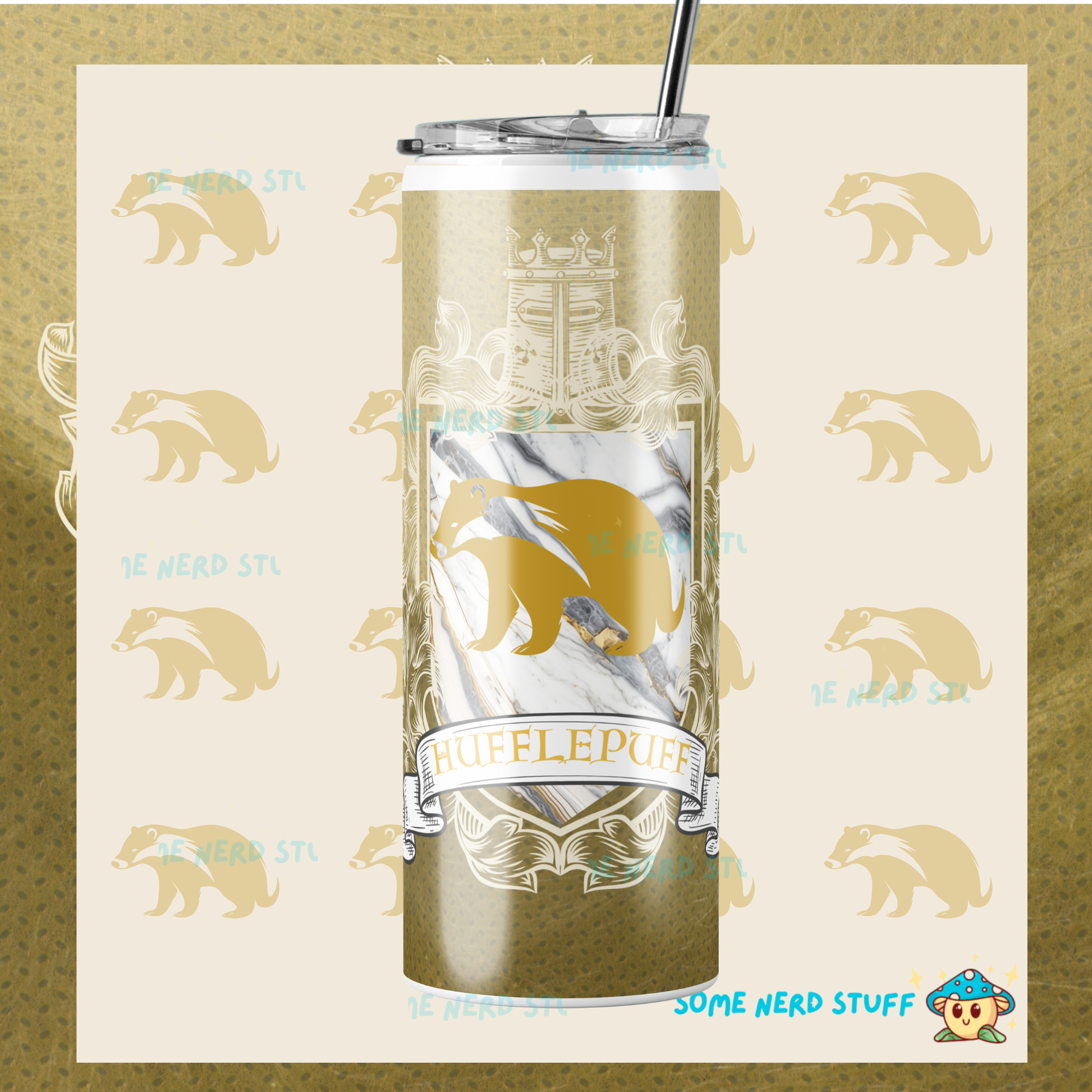 Decorative badger on a fur and golden yellow house crest designed tumbler sold on SomeNerdStuff with a badger repeating background