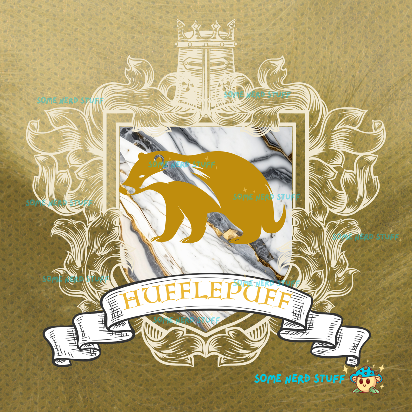 Decorative badger on a fur and golden yellow house crest designed tumbler sold on SomeNerdStuff