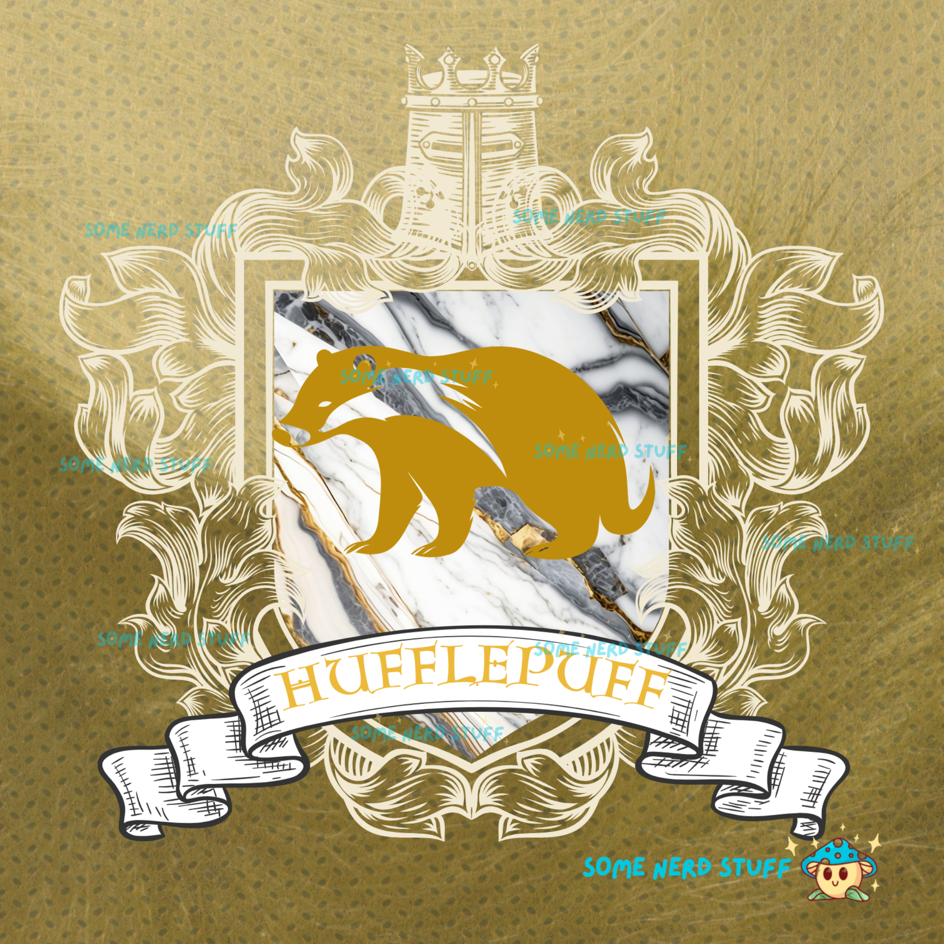 Decorative badger on a fur and golden yellow house crest designed tumbler sold on SomeNerdStuff