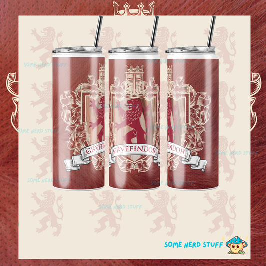 One red tumbler with 'Gryffindor' design on a patterned background, showing all sides of tumbler