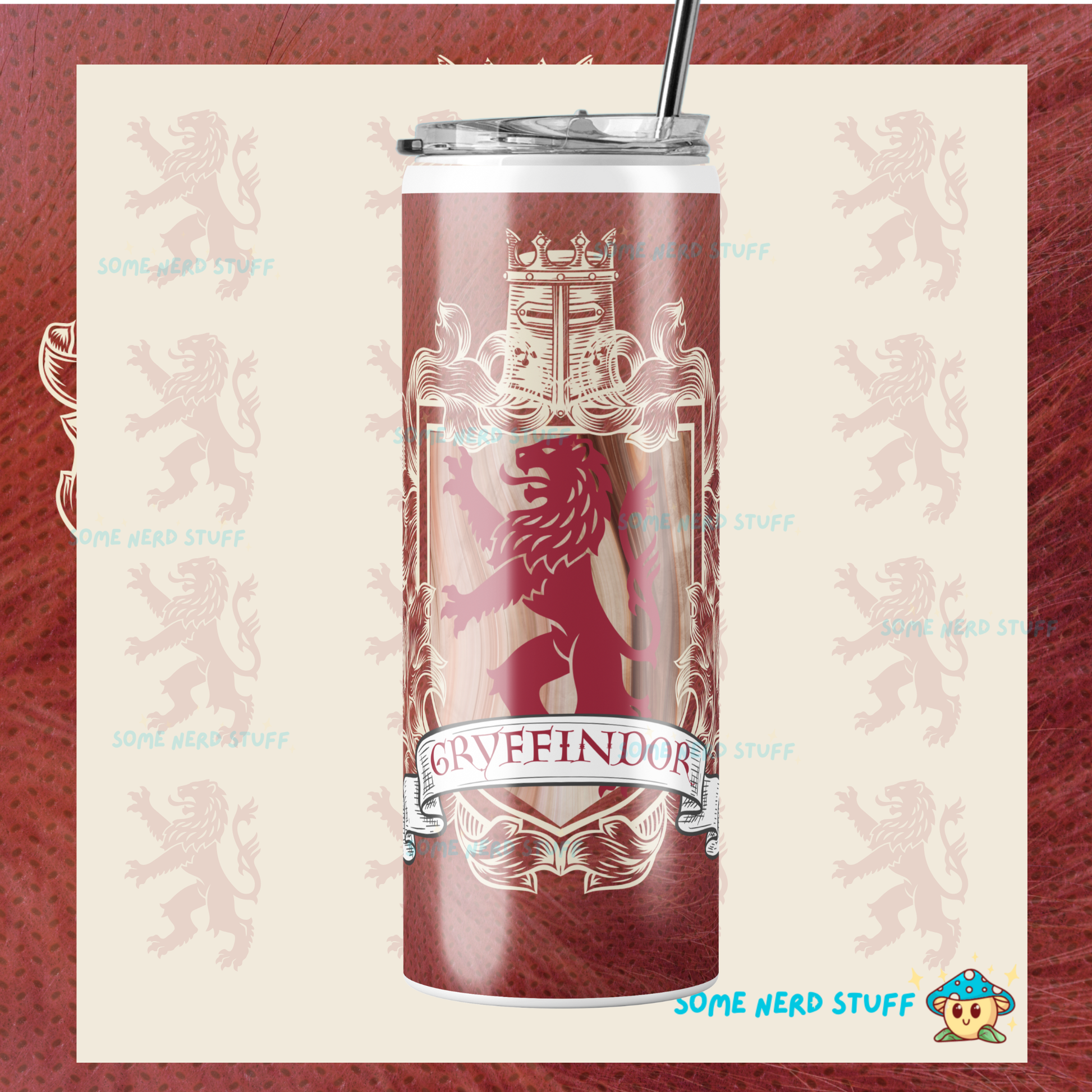 Tumbler with Gryffindor crest design on a patterned background