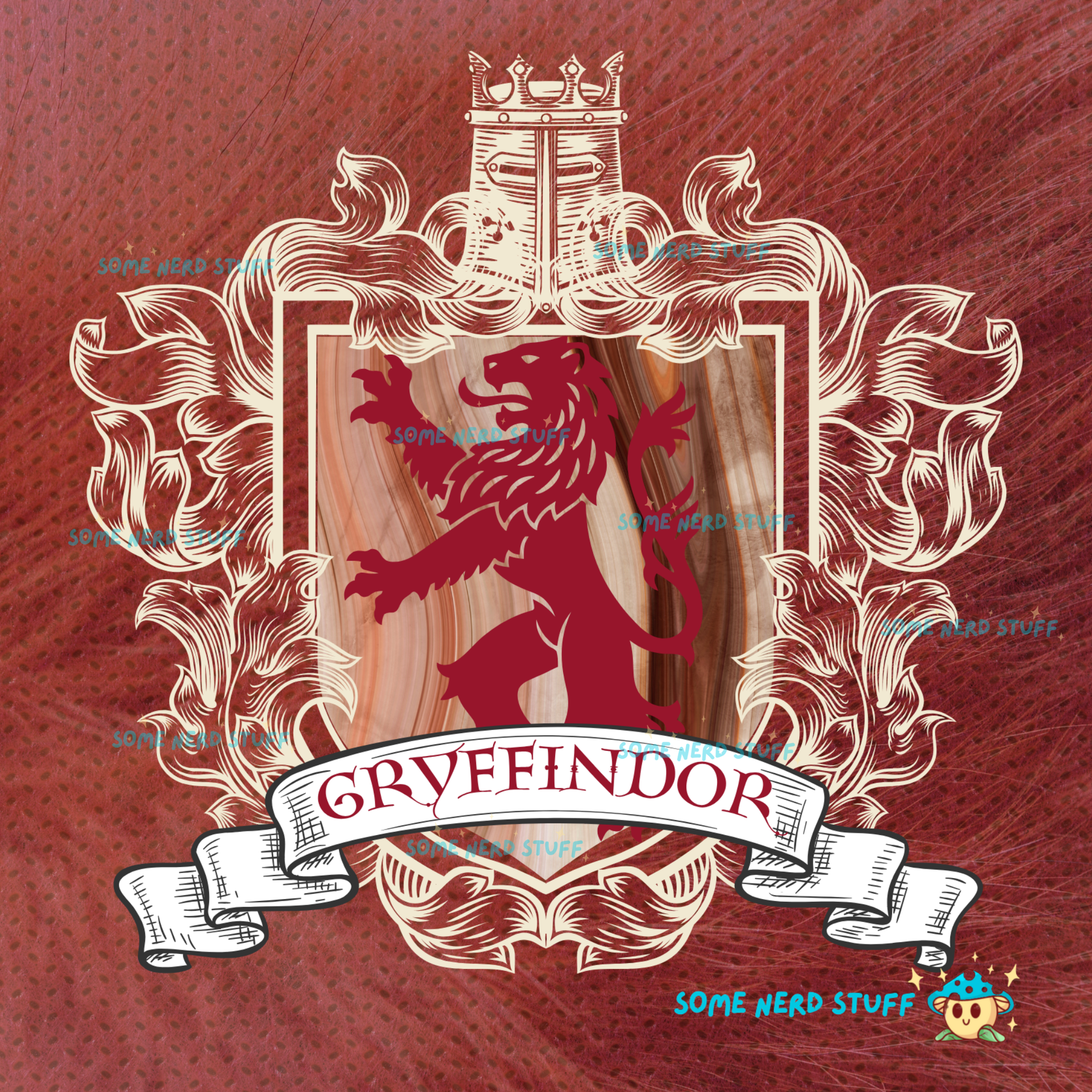 Gryffindor crest with lion and banner on a red fur background