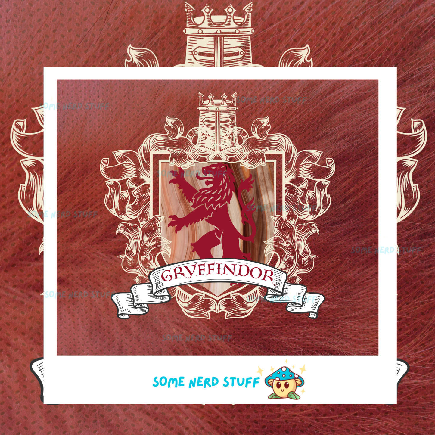 Gryffindor crest with lion and banner on a red background